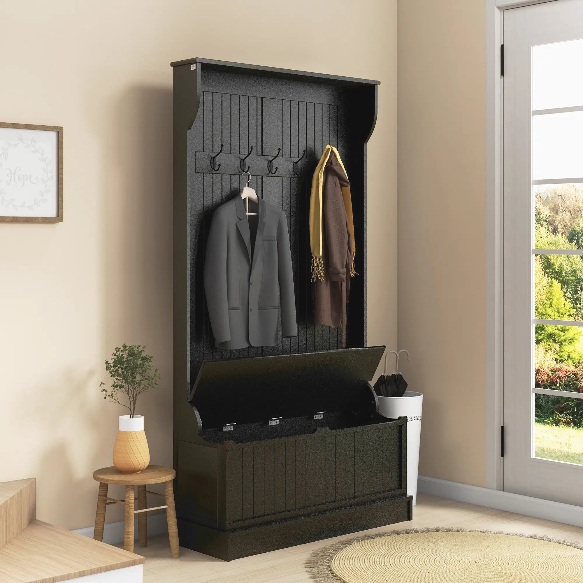 3-In-1 Hall Tree w/ Coat Rack, Shoe Storage and Bench Seat, Entryway Bench w/ 4 Hooks for Hallway, Living Room, Black Clothing Storage at Gallery Canada