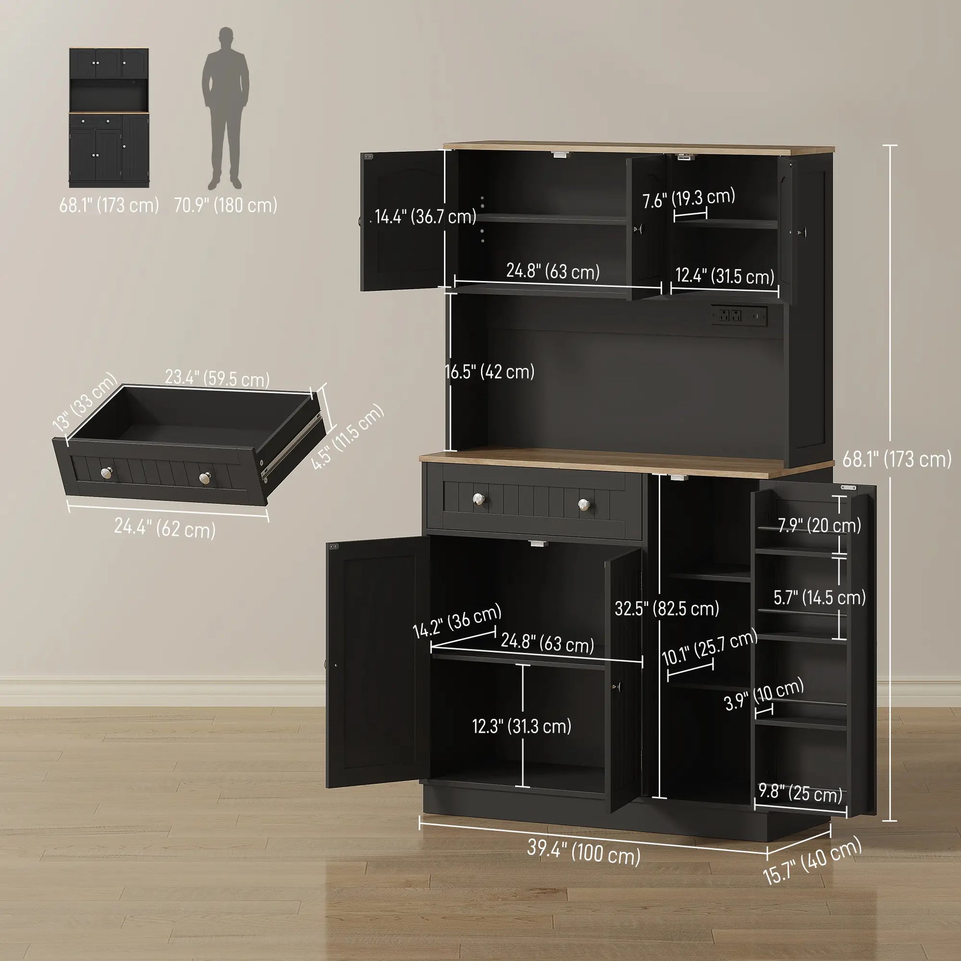 68" Pantry Cabinet with Charging Station, Microwave Stand, 4 Door Racks, Black Kitchen Pantry Cabinets at Gallery Canada