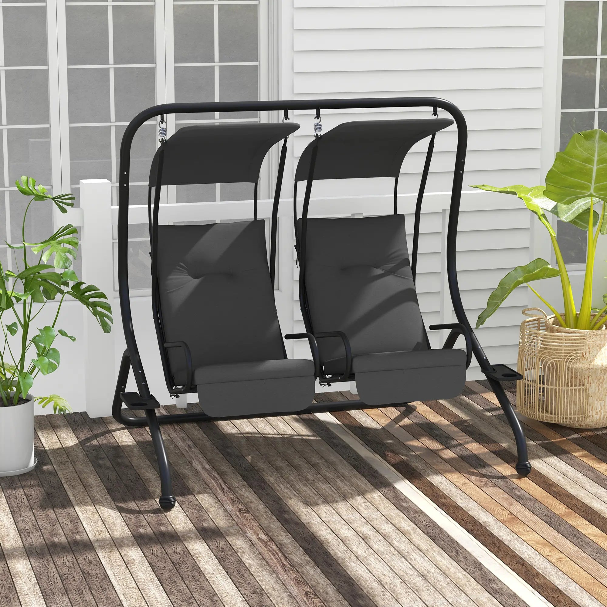 2-Seater Outdoor Porch Swing with Canopy, Grey Patio Swings with Stand at Gallery Canada