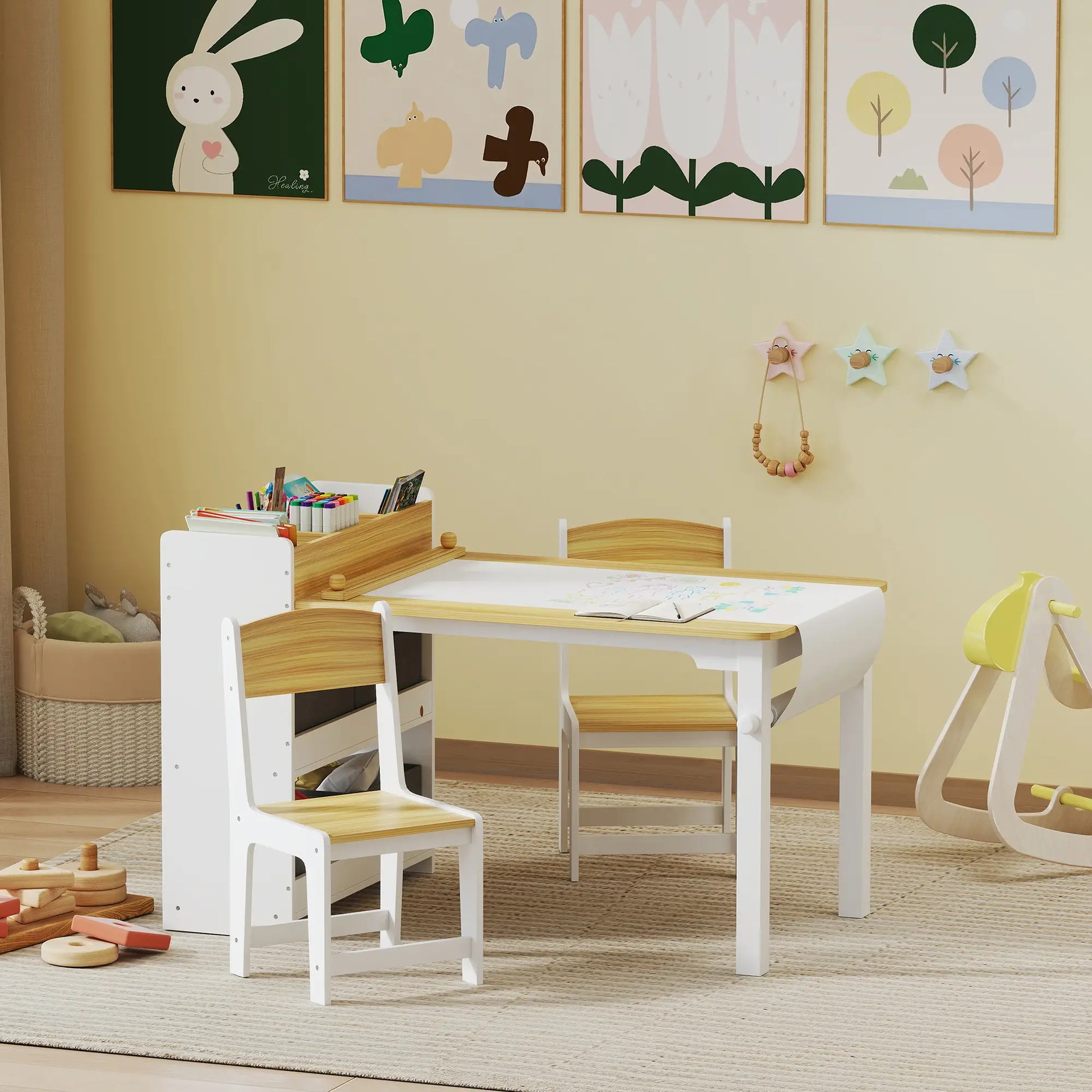 Kids Table and Chairs Set, Toddler Art Table with Paper Roll, Storage, Natural Wood Kids Table Sets at Gallery Canada