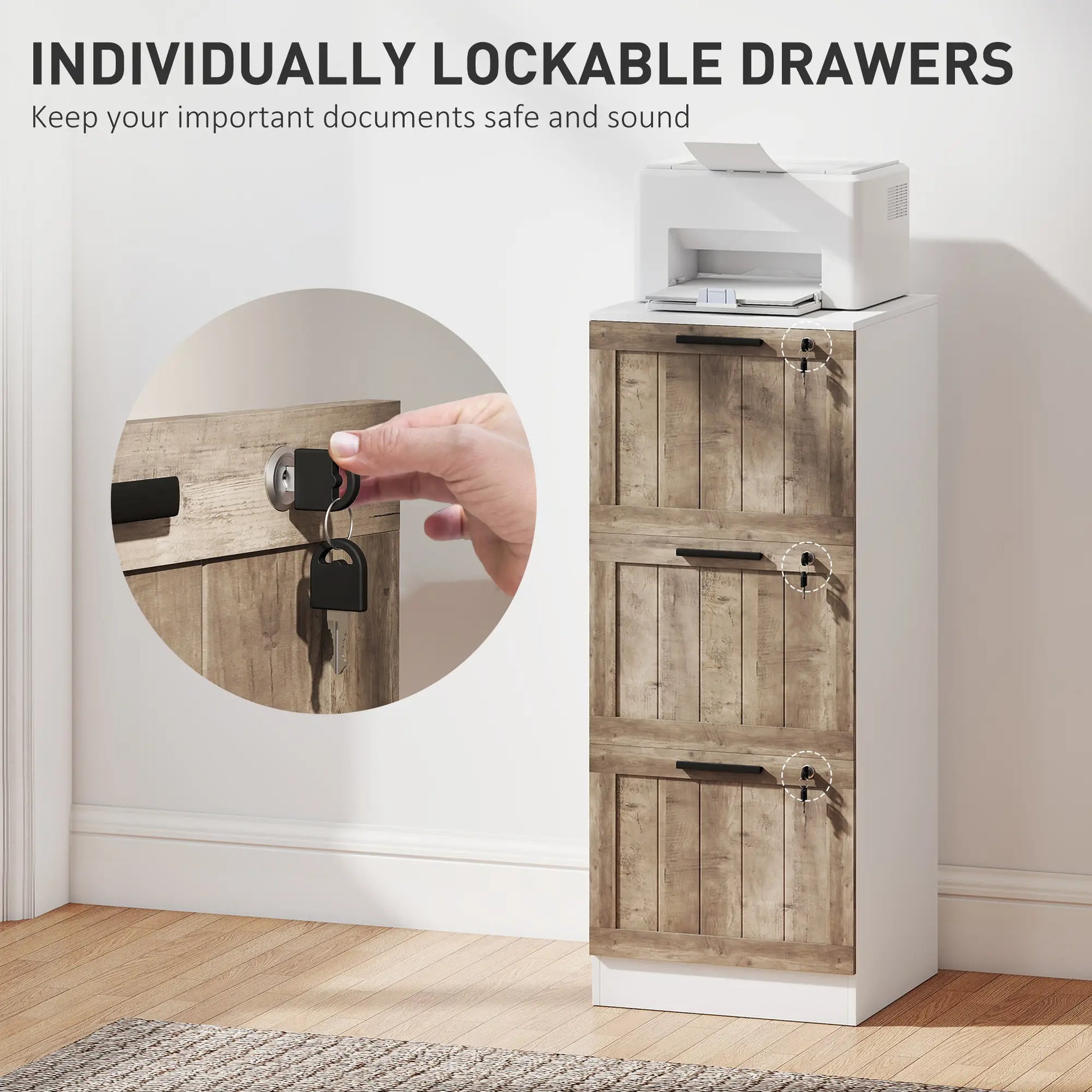 3 Drawer Filing Cabinet, Farmhouse Style, Adjustable Hanging Rails, A4 Letter Size, White Office Cabinets & Cupboards at Gallery Canada