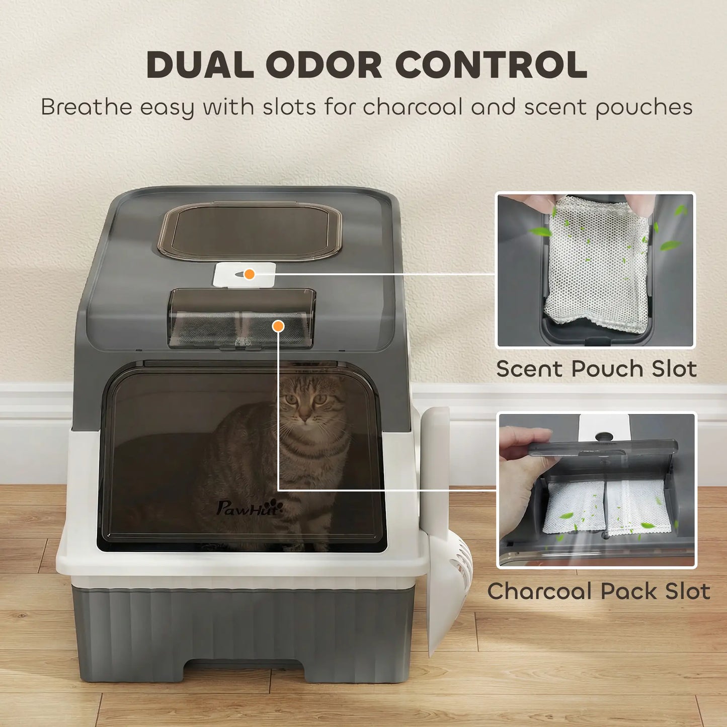 Enclosed Cat Litter Box with Drawer, Scoop, Grey