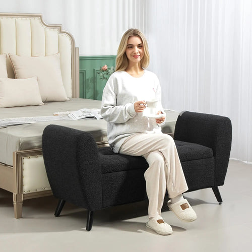 Upholstered Storage Bench with Arms, Modern Ottoman, Black