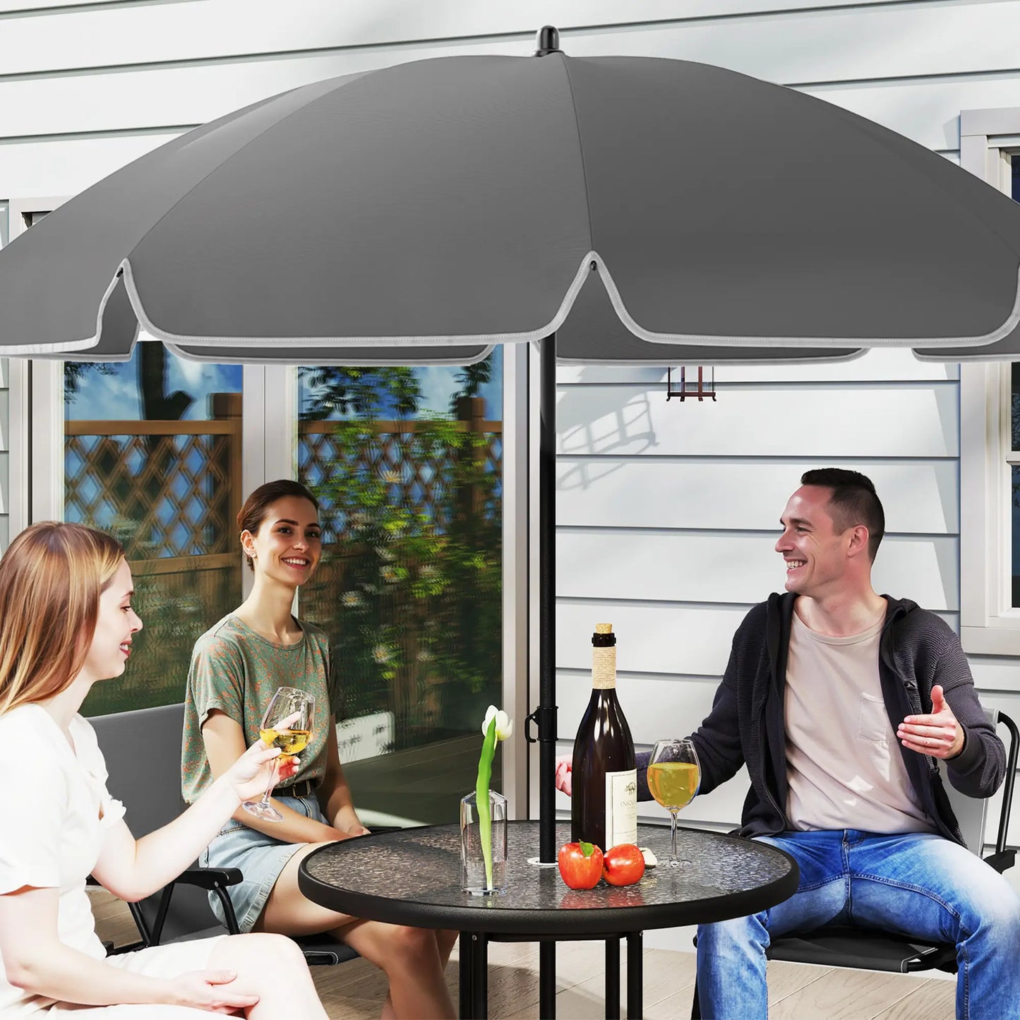 6-Piece Patio Dining Set, Umbrella, Folding Chairs, Glass Table, Grey Bistro Sets at Gallery Canada