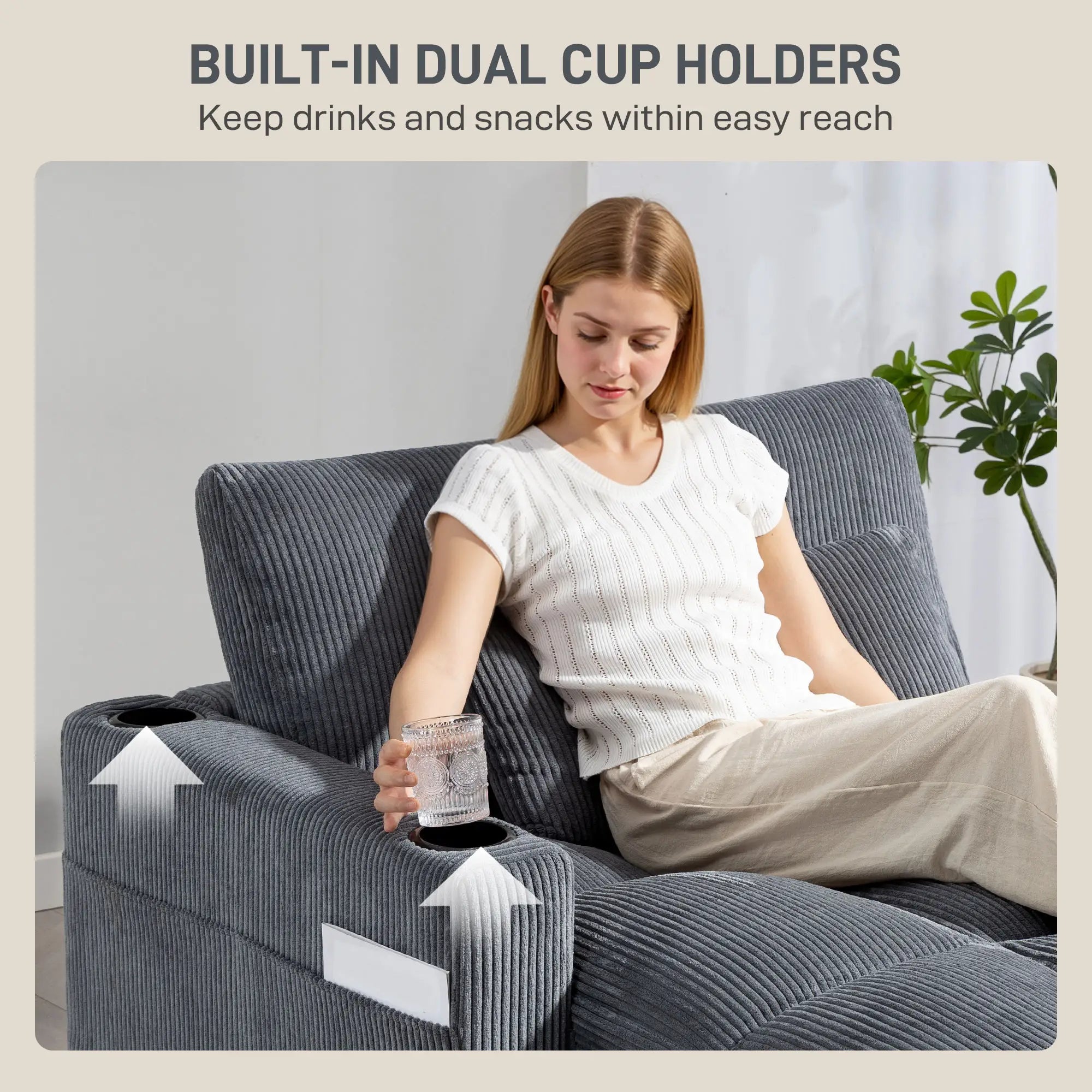 58 Inch Chaise Lounge, Oversized Corduroy Sofa Bed, Dark Grey Sofas & Reclining Chairs at Gallery Canada