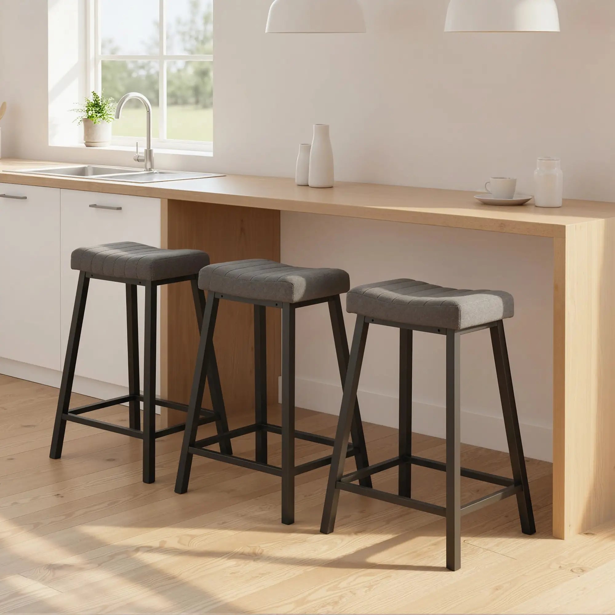 Set of 3 Velvet Bar Stools, Curved Seat with Footrest, Grey Bar Stools at Gallery Canada