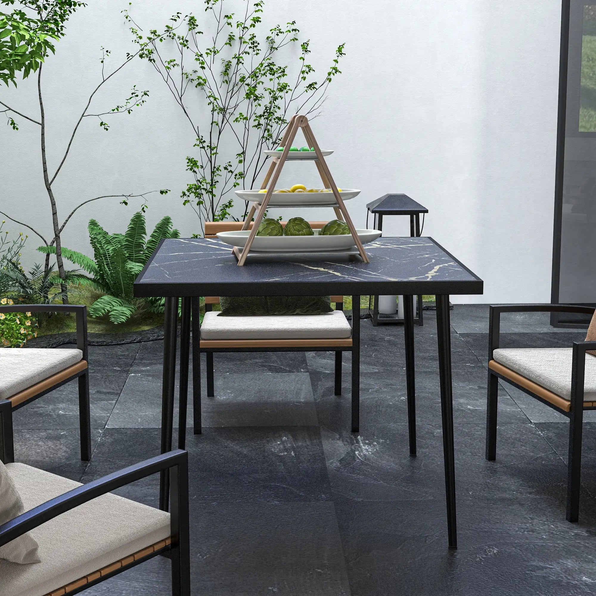 Square Patio Dining Table for 4, Marble Effect Glass Top, Steel Frame, Black Patio Dinning Tables at Gallery Canada