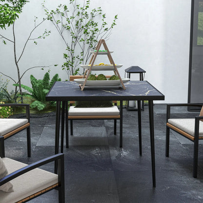 Square Patio Dining Table for 4, Marble Effect Glass Top, Steel Frame, Black Patio Dinning Tables at Gallery Canada