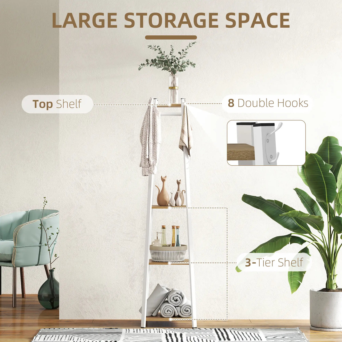 Clothes Rack with Storage, 8 Hooks, 3-Tier Shelf, Oak Clothing Storage at Gallery Canada