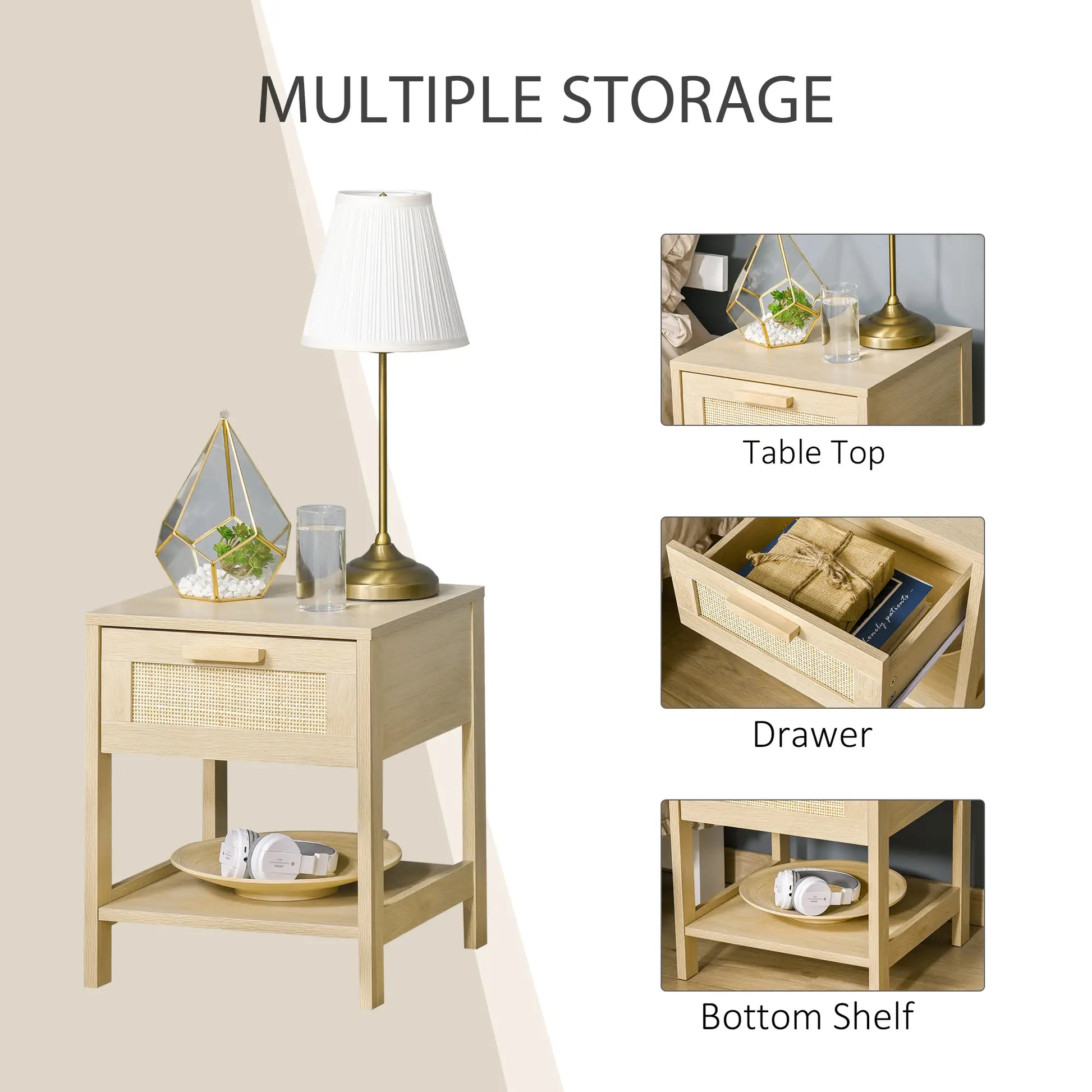 Narrow Nightstand with Rattan, Drawer, Storage Shelf, Natural Bedside Tables at Gallery Canada