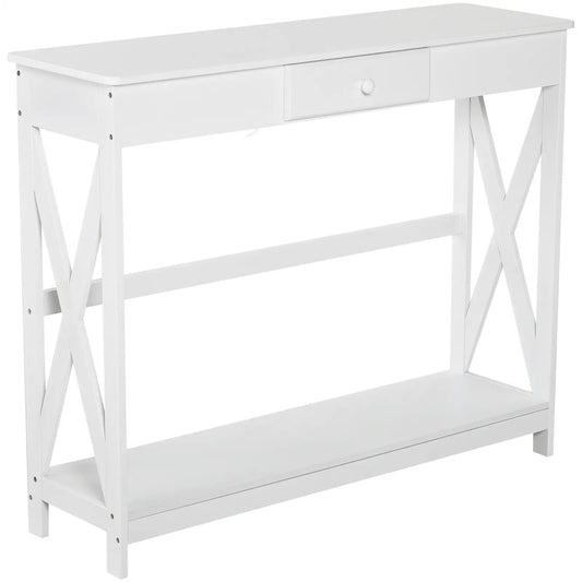 39" Console Table, 2 Tier X-Design, Narrow Entryway Table with Drawer, White Console Tables White at Gallery Canada