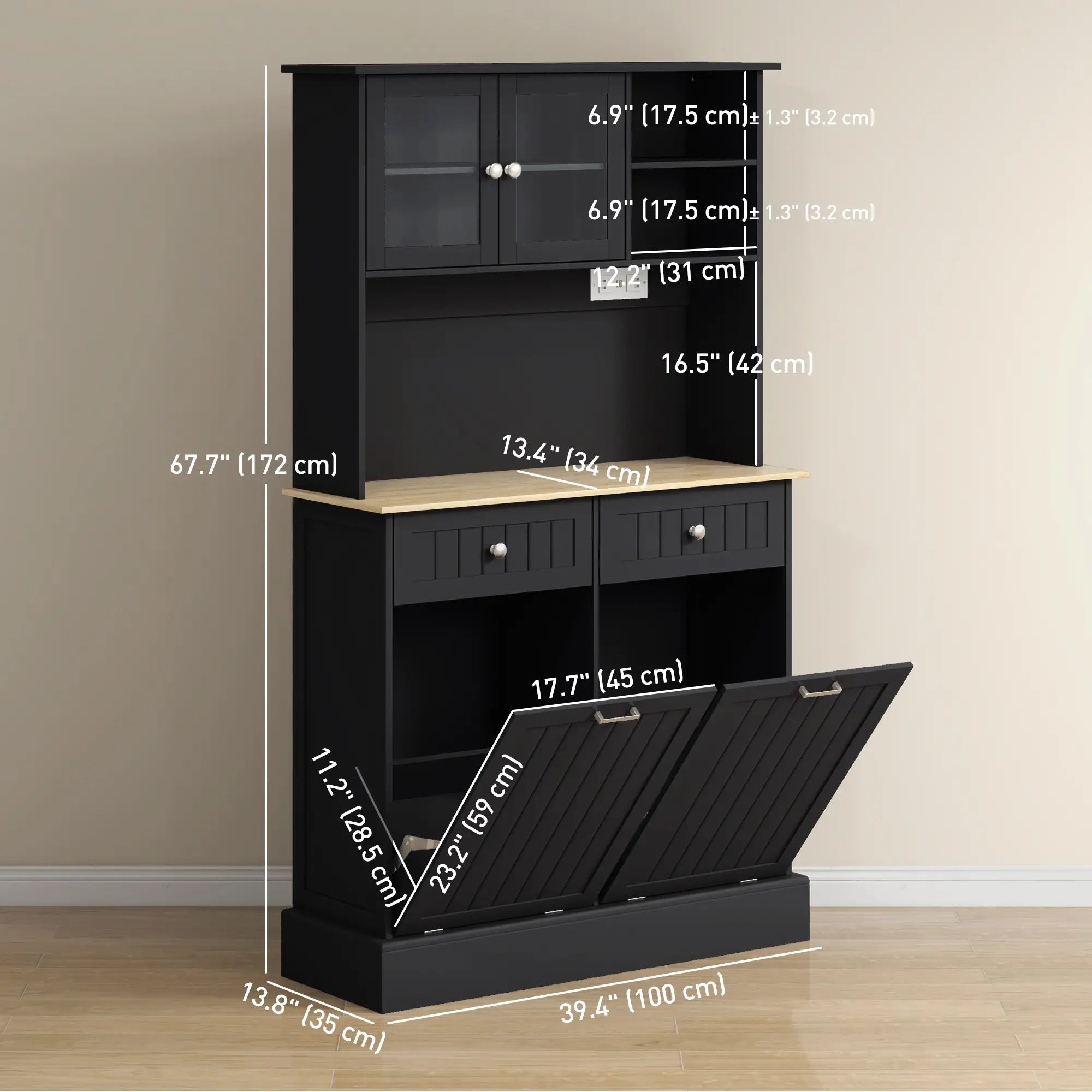 Kitchen Cabinet with Charging Station, 2 Tilt Out Cabinets, Microwave Stand, Black Kitchen Pantry Cabinets at Gallery Canada