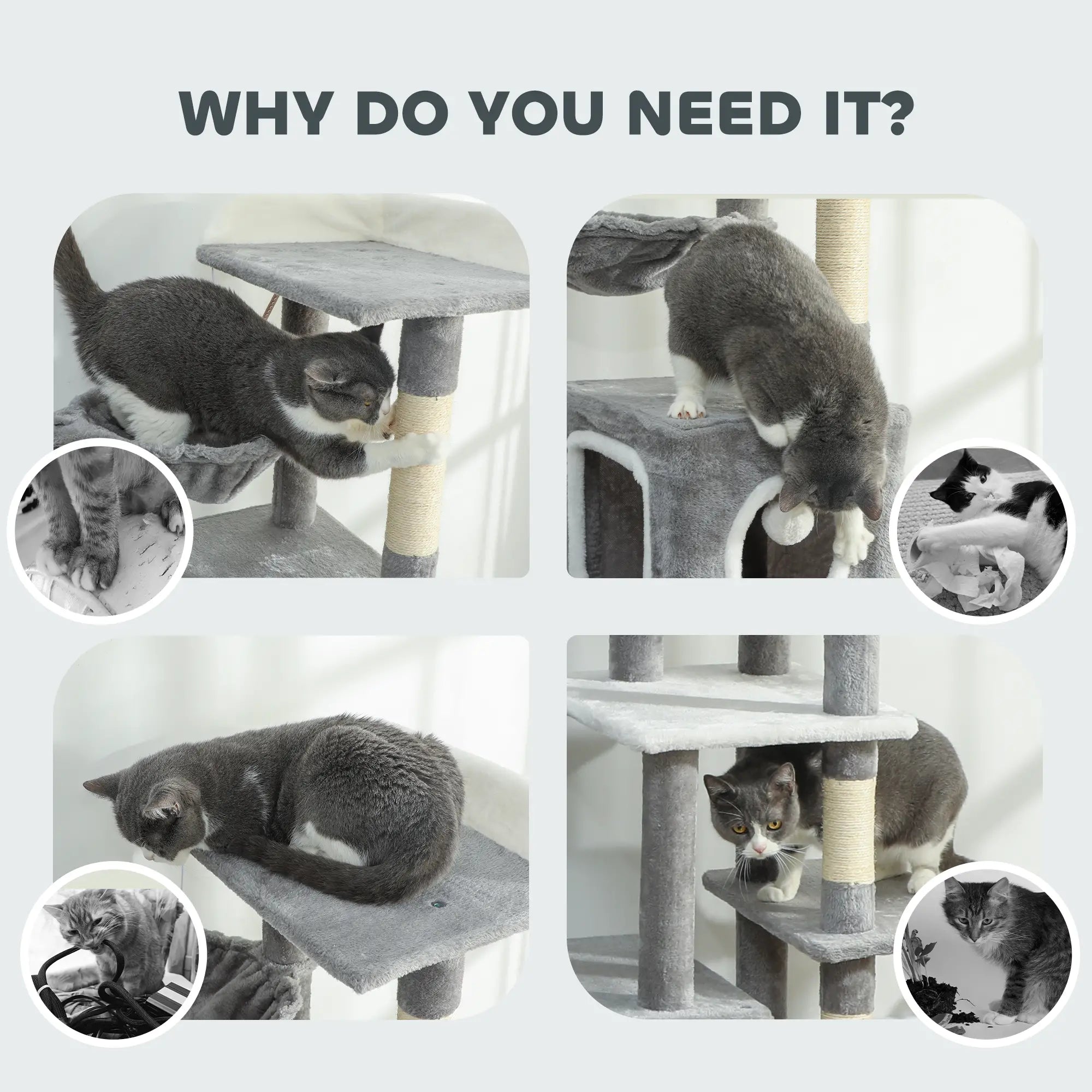 65 Inch Cat Tree, 2 Doors Condos, Plush Perch, Hammock, Grey Cat Towers at Gallery Canada