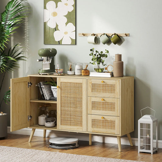 47 Inch Buffet Cabinet, Rattan Sideboard with Drawers, Natural