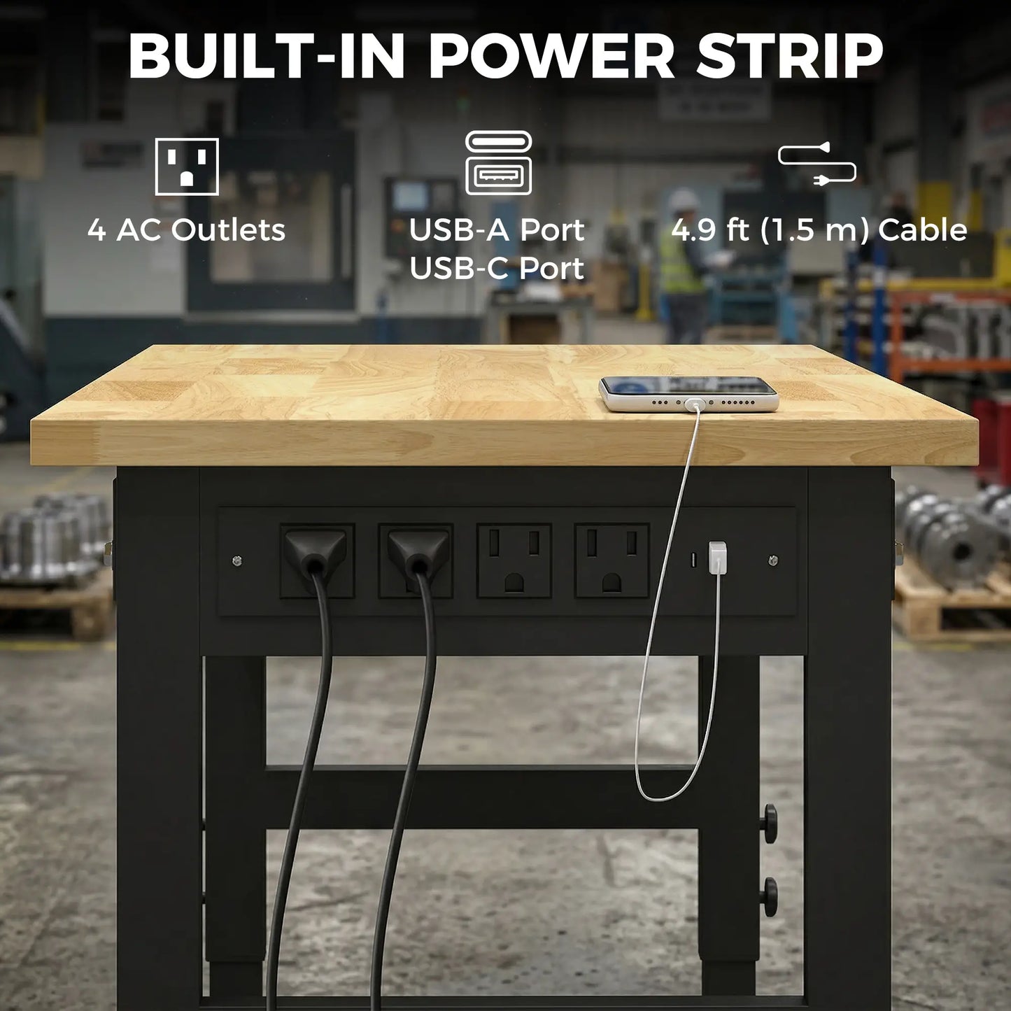 48" Adjustable Workbench, Heavy Duty Work Table with Rubber Wood Top, Power Outlets, Pegboard, 2000 LBS Capacity Tool Organizers at Gallery Canada