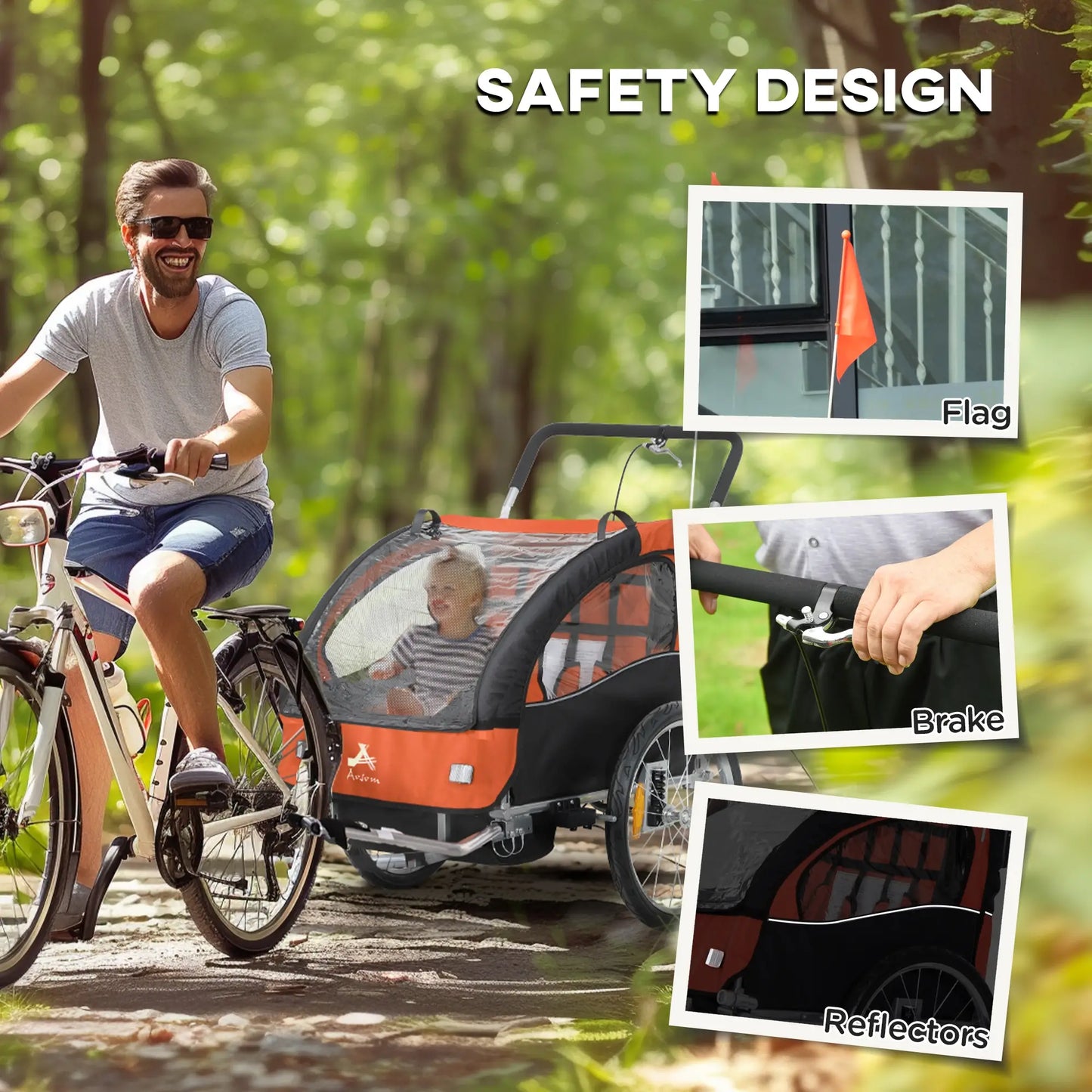 2-in-1 Bike Trailer for Kids, Foldable 2-Seat Baby Stroller with 5-Point Harness, Rubber Wheels, Storage Bag, Orange Kids Bike Trailers at Gallery Canada