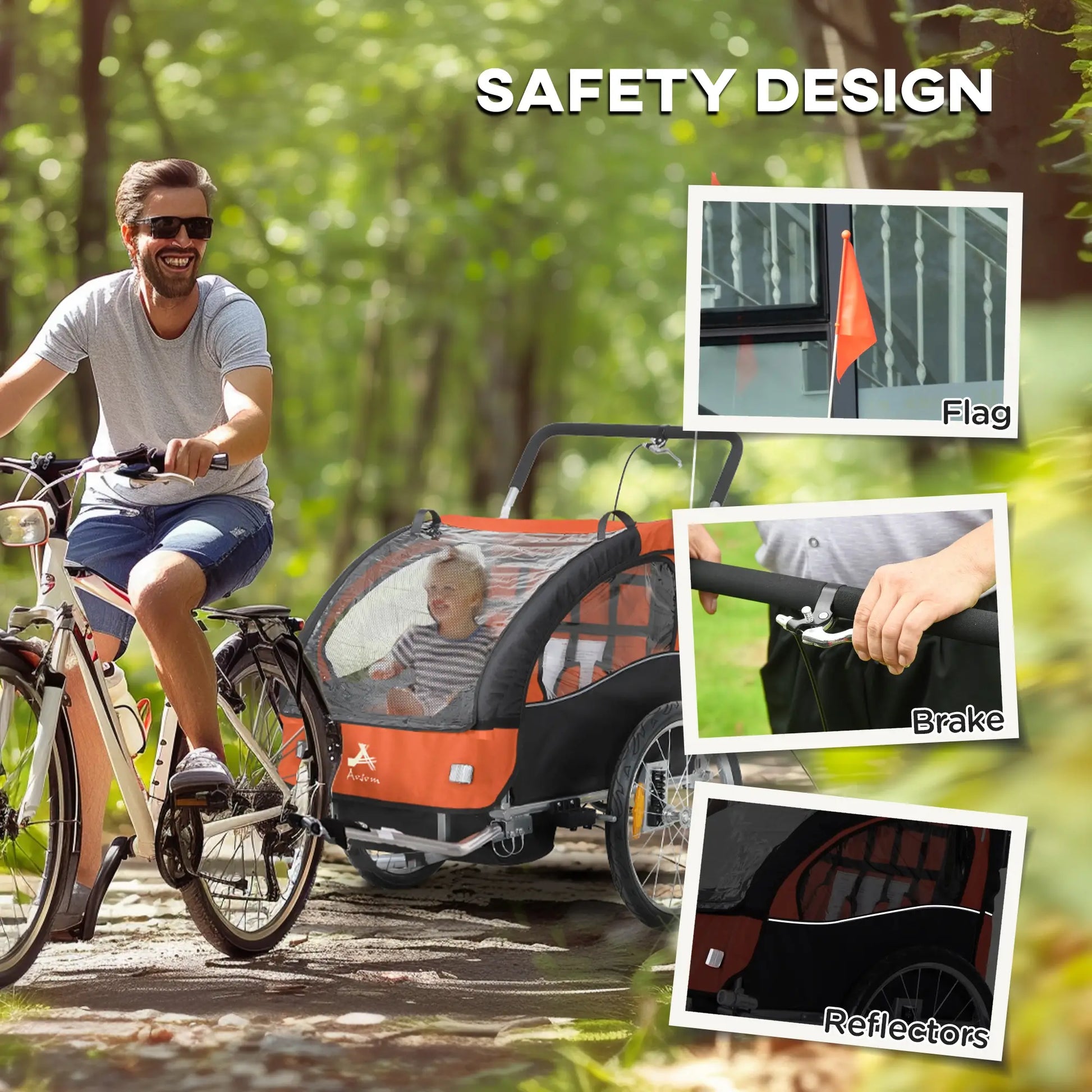 2-in-1 Bike Trailer for Kids, Foldable 2-Seat Baby Stroller with 5-Point Harness, Rubber Wheels, Storage Bag, Orange Kids Bike Trailers at Gallery Canada