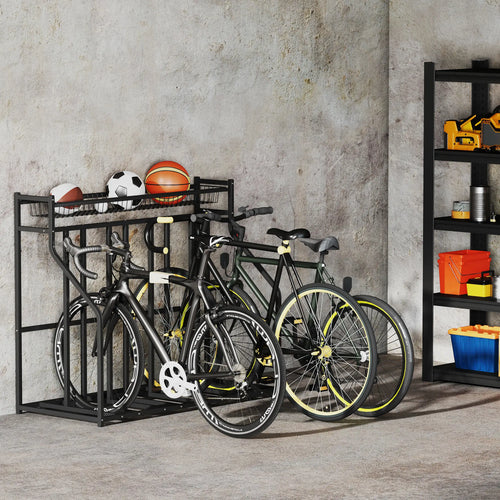 4 Bike Stand, Metal Floor Storage Rack with Basket, Hooks, Black