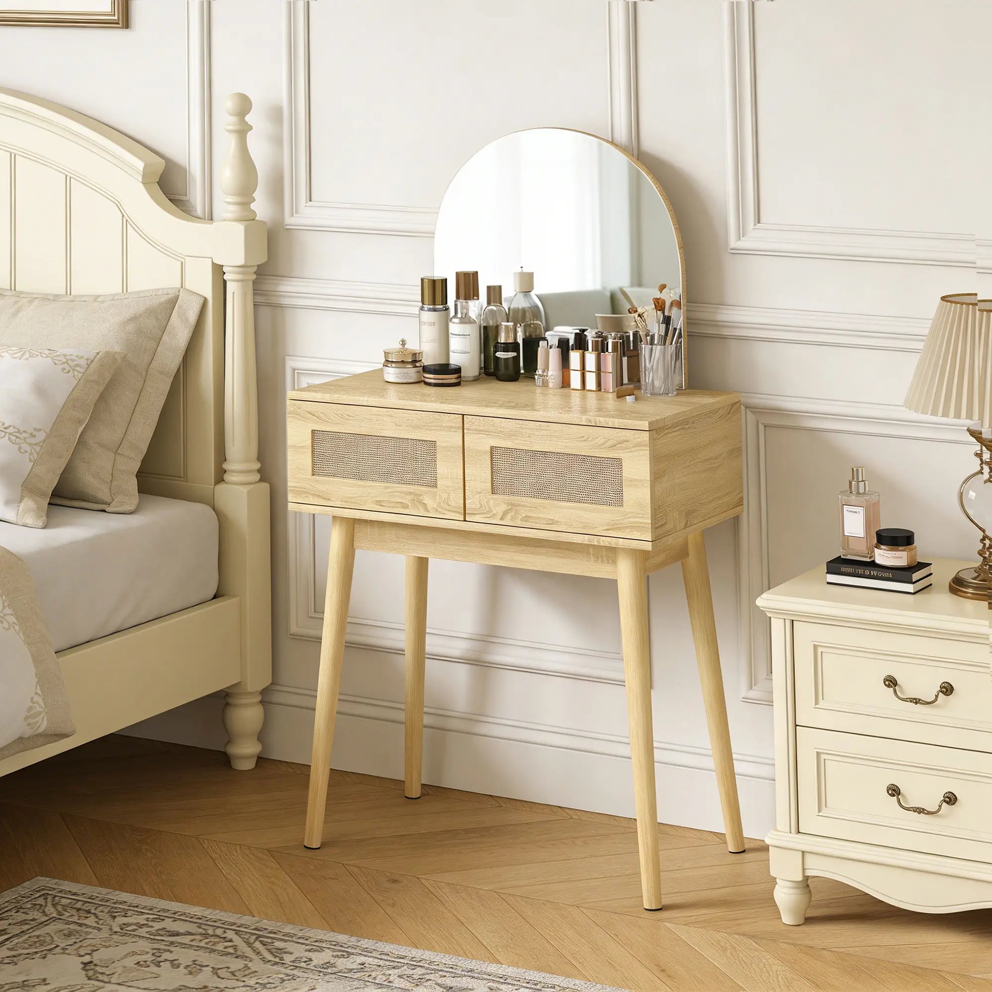 Vanity Desk With Mirror, 2 Drawers, Natural Wood Dressing & Vanity Tables at Gallery Canada