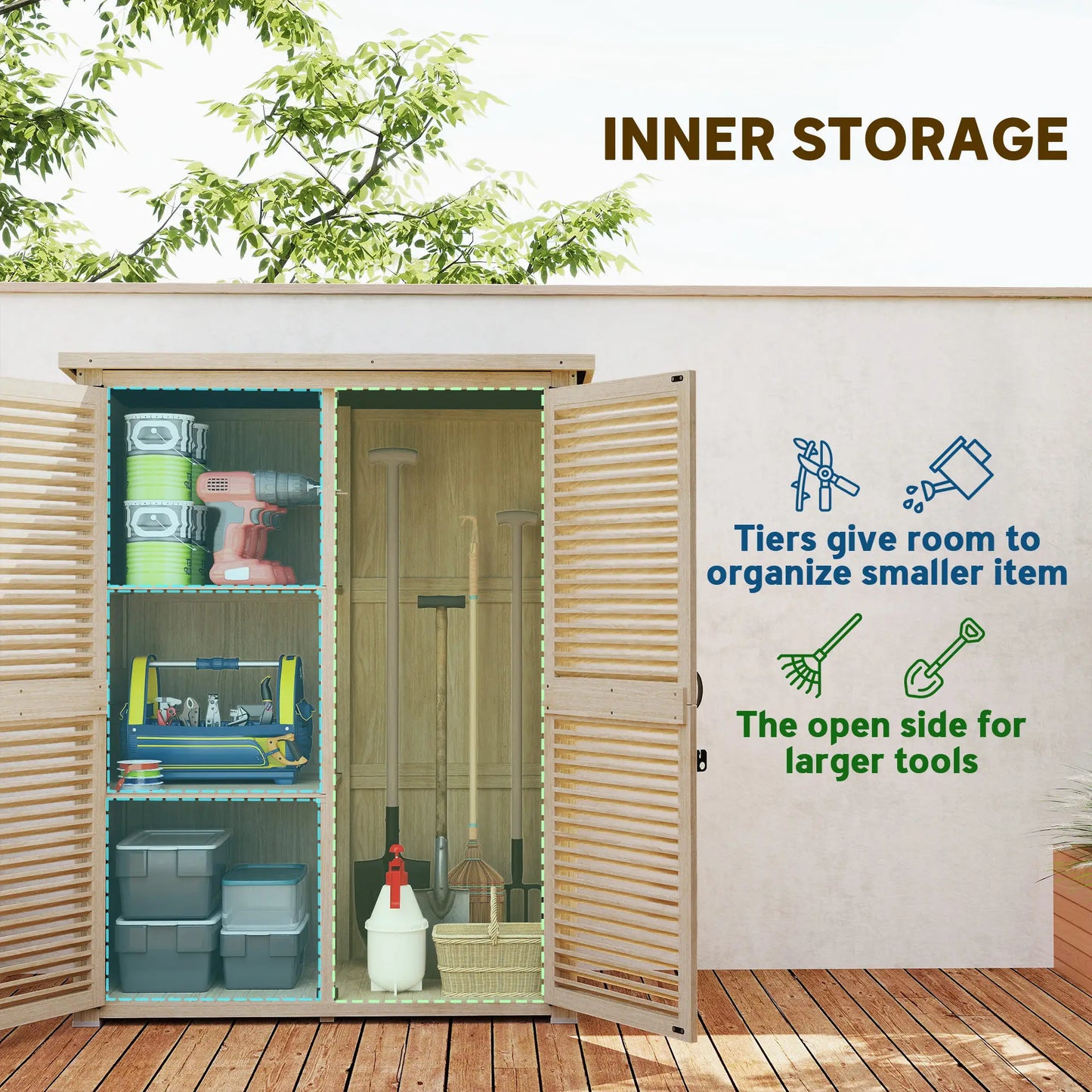 Wooden Garden Shed, 50" x 26" x 66", Waterproof Asphalt Roof, Shelves, Natural