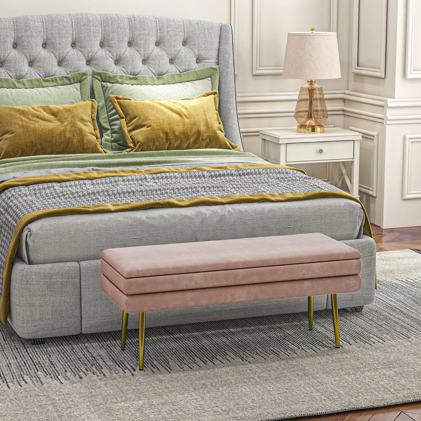 Velvet Upholstered Bench, Thick Padded Seat, Steel Legs, Pink Storage Ottomans & Benches at Gallery Canada