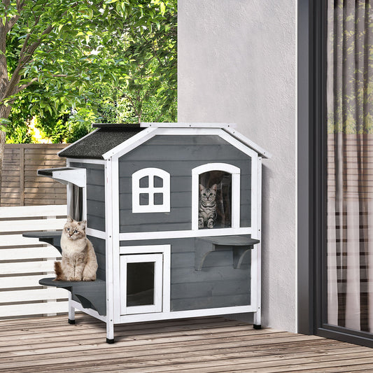 Wood Outdoor Cat House 2-Stories Catio for Cats with Indoor Lounge Space, Fun Entrances, Grey - Gallery Canada