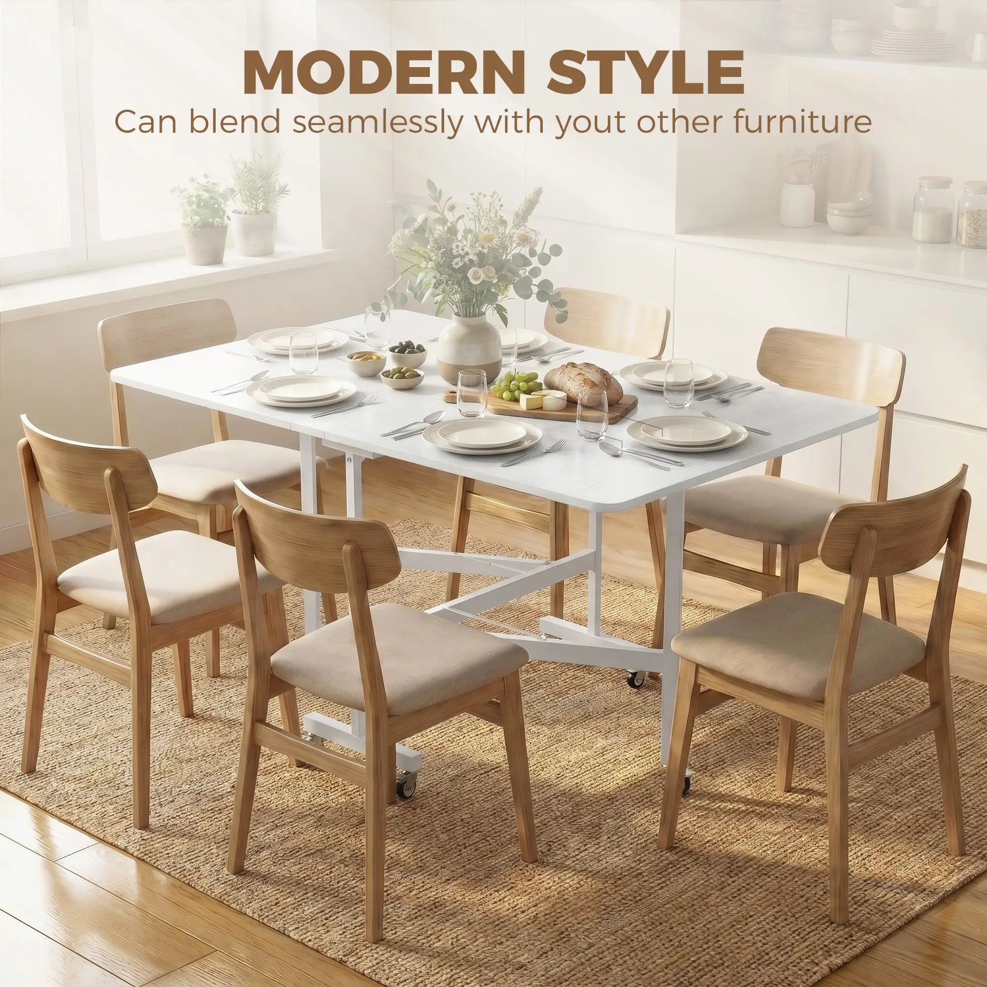 Six-Seater Drop-Leaf Dining Table with Wheels, White Dining Tables at Gallery Canada