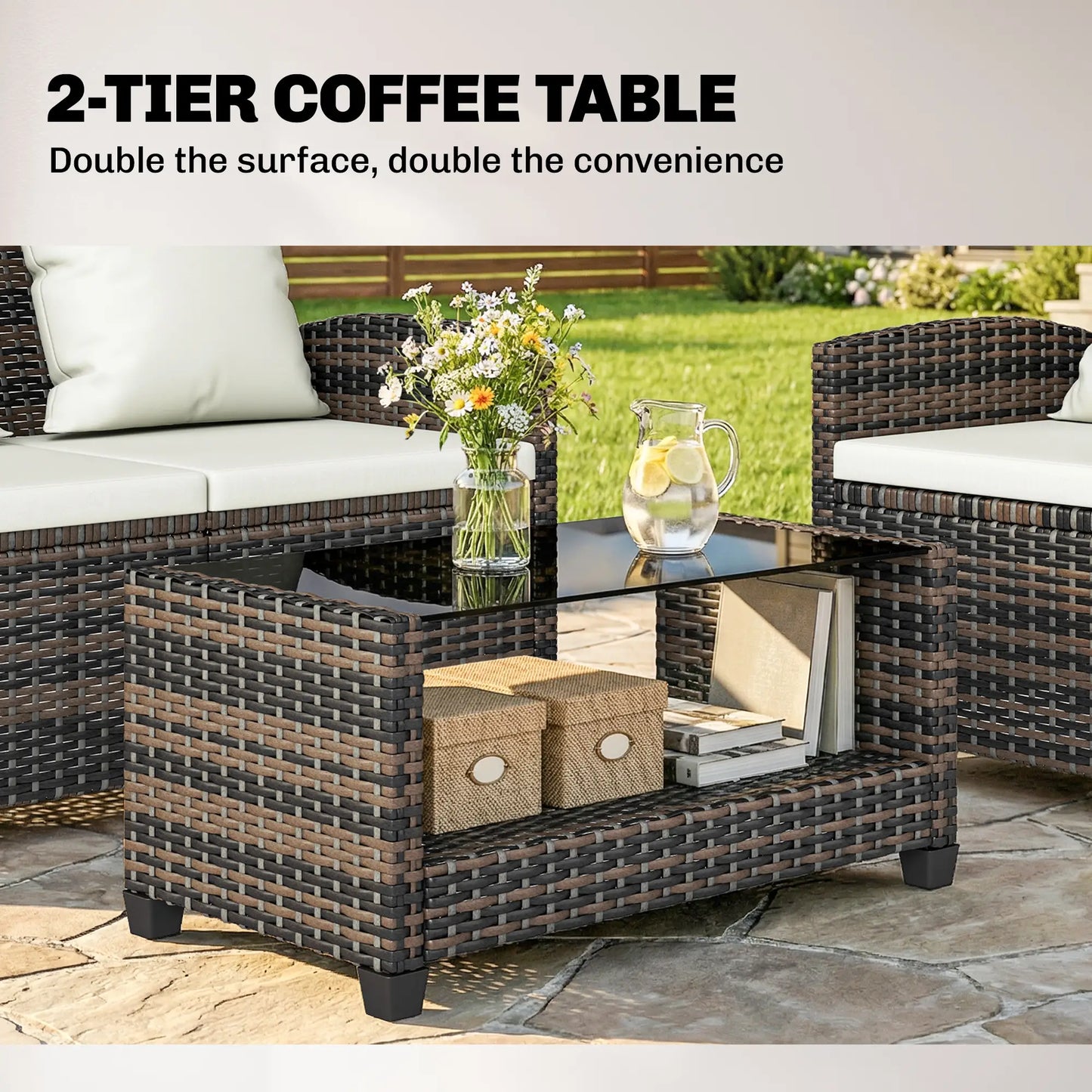 4 Piece Wicker Patio Furniture Set, Loveseat, Chairs, 2 Tier Table, Beige Patio Furniture Sets at Gallery Canada