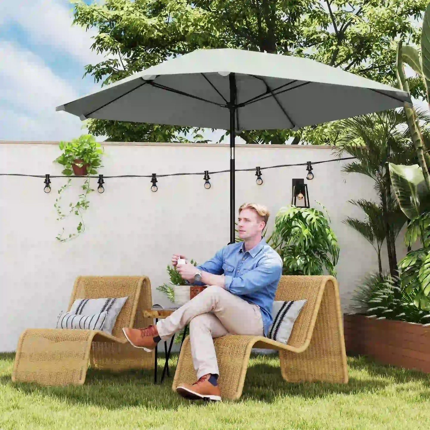 7.6FT Aluminum Patio Umbrella, 8 Ribs, Crank Tilt, Light Grey Sun Umbrellas at Gallery Canada