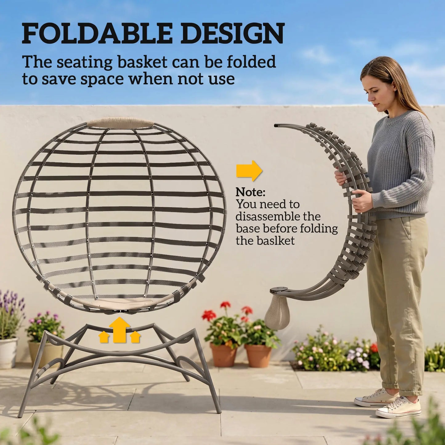 Egg Chair, Patio Lounge Chair, Foldable Basket Chair with Large Seat Cushion, Side Pocket, Sand Patio Chairs at Gallery Canada