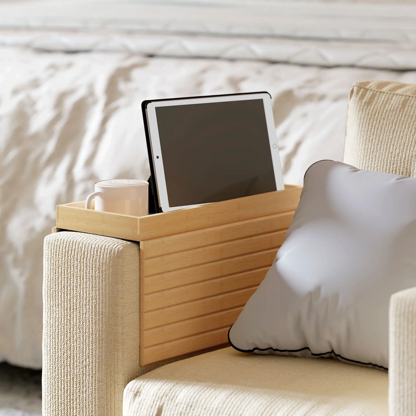 Bamboo Couch Arm Tray, Flexible Roll-up Design, Wide Compartment, Natural Living Room Furniture at Gallery Canada