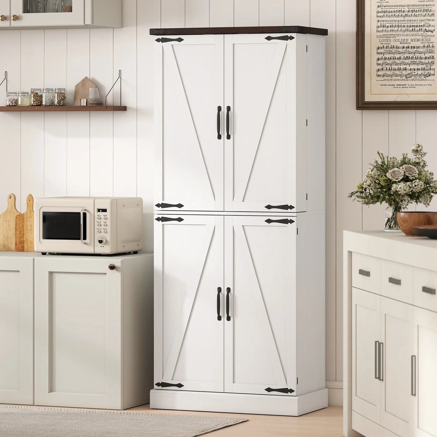 72" Tall Kitchen Pantry Cabinet, Farmhouse Storage Cabinet with 8 Door Racks and Adjustable Shelves, White