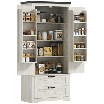 Farmhouse Kitchen Pantry, 64" Freestanding, Distressed, White Kitchen Pantry Cabinets at Gallery Canada
