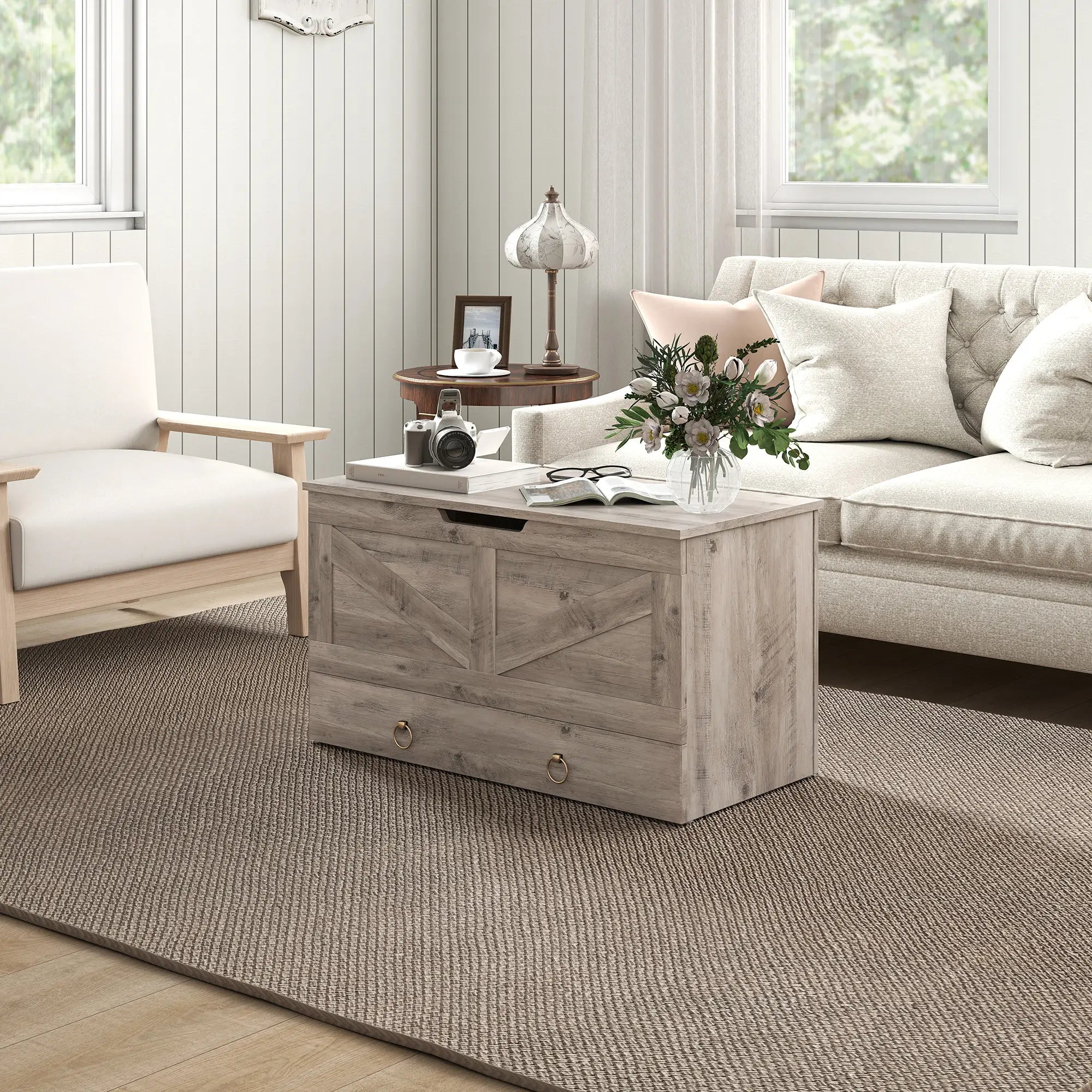 31.5 Inches Storage Chest, Wooden Box, Grey Wood Grain Storage Cabinets at Gallery Canada