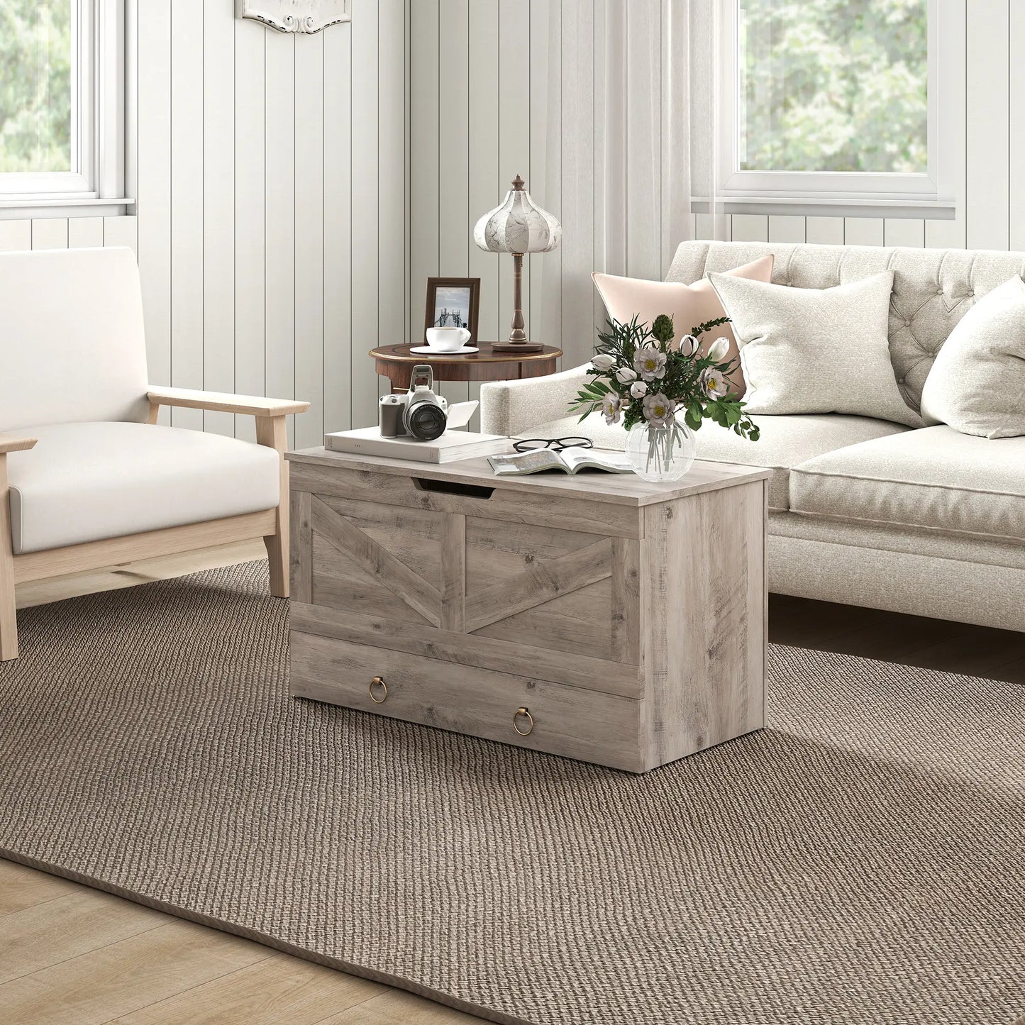 31.5 Inches Storage Chest, Wooden Box, Grey Wood Grain Storage Cabinets at Gallery Canada