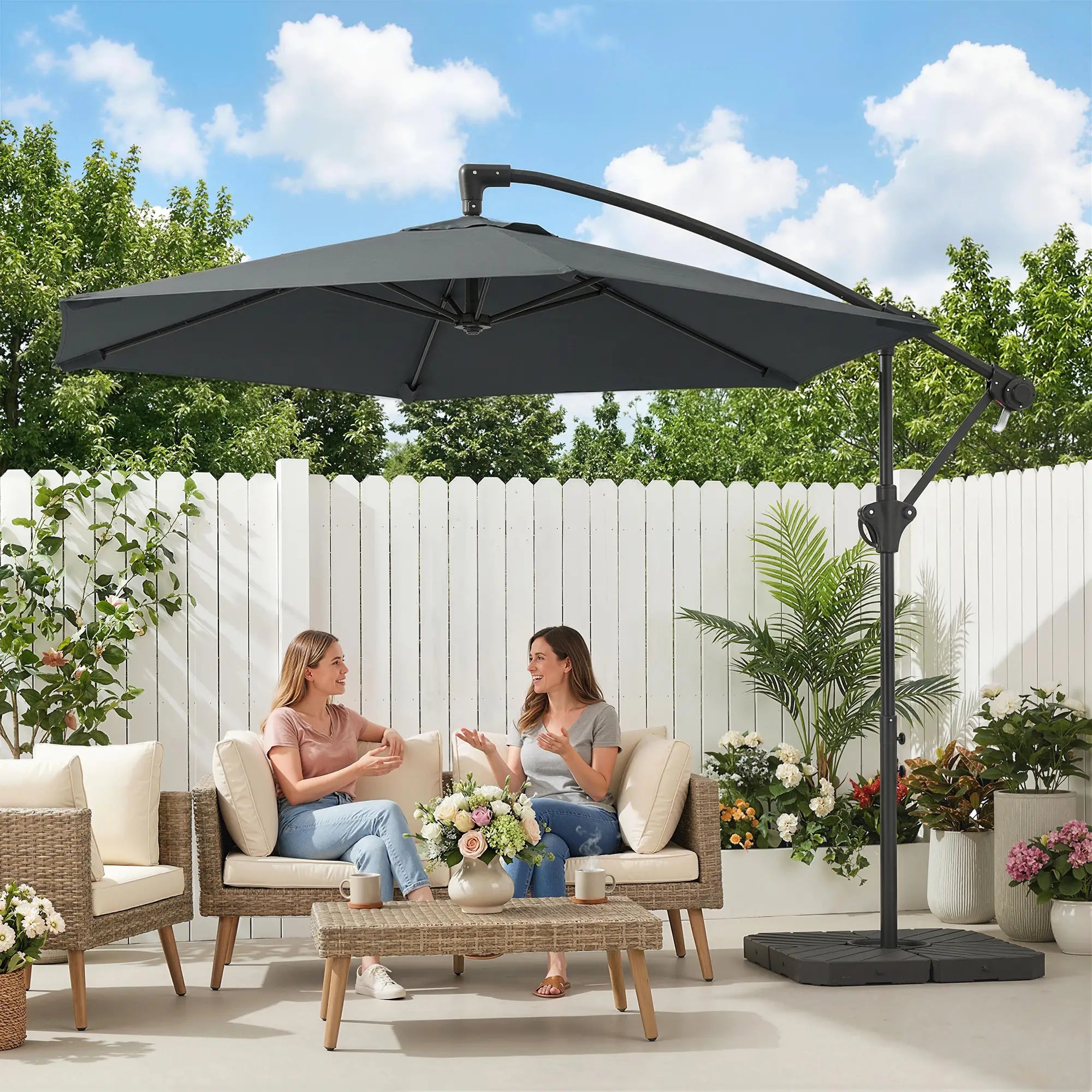 9.7 ft Offset Patio Umbrella, Water Sand Fillable Weights, Dark Grey Offset Cantilever Umbrellas at Gallery Canada