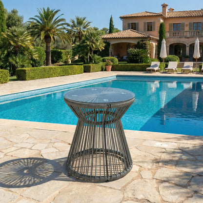 Round Rattan End Table, Hollow Drum Design, Glass Top, Dark Grey Patio Side Tables at Gallery Canada