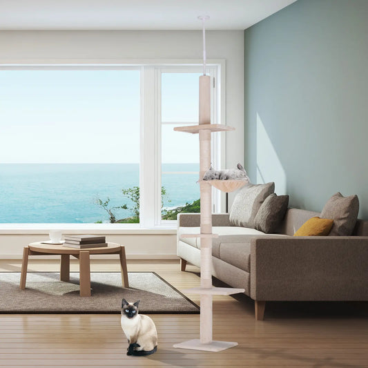 8.5ft Cat Climbing Tree, 5-Tier Kitty Activity Center, Scratching Post, Beige Floor to Ceiling Cat Trees Beige at Gallery Canada