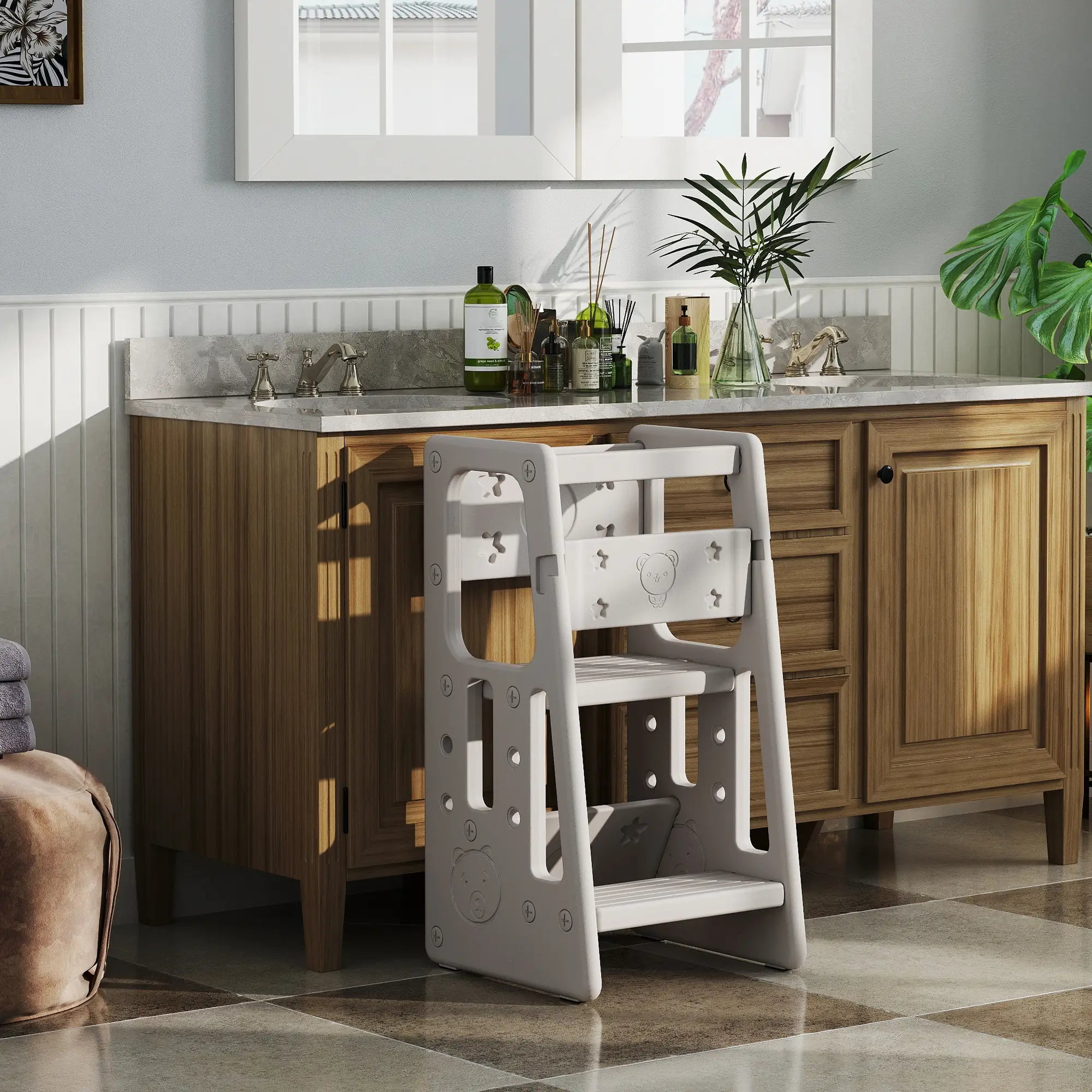 Toddler Kitchen Helper Stool, Adjustable Height, Safety Rail, Grey Toddler & Kids Step Stools at Gallery Canada