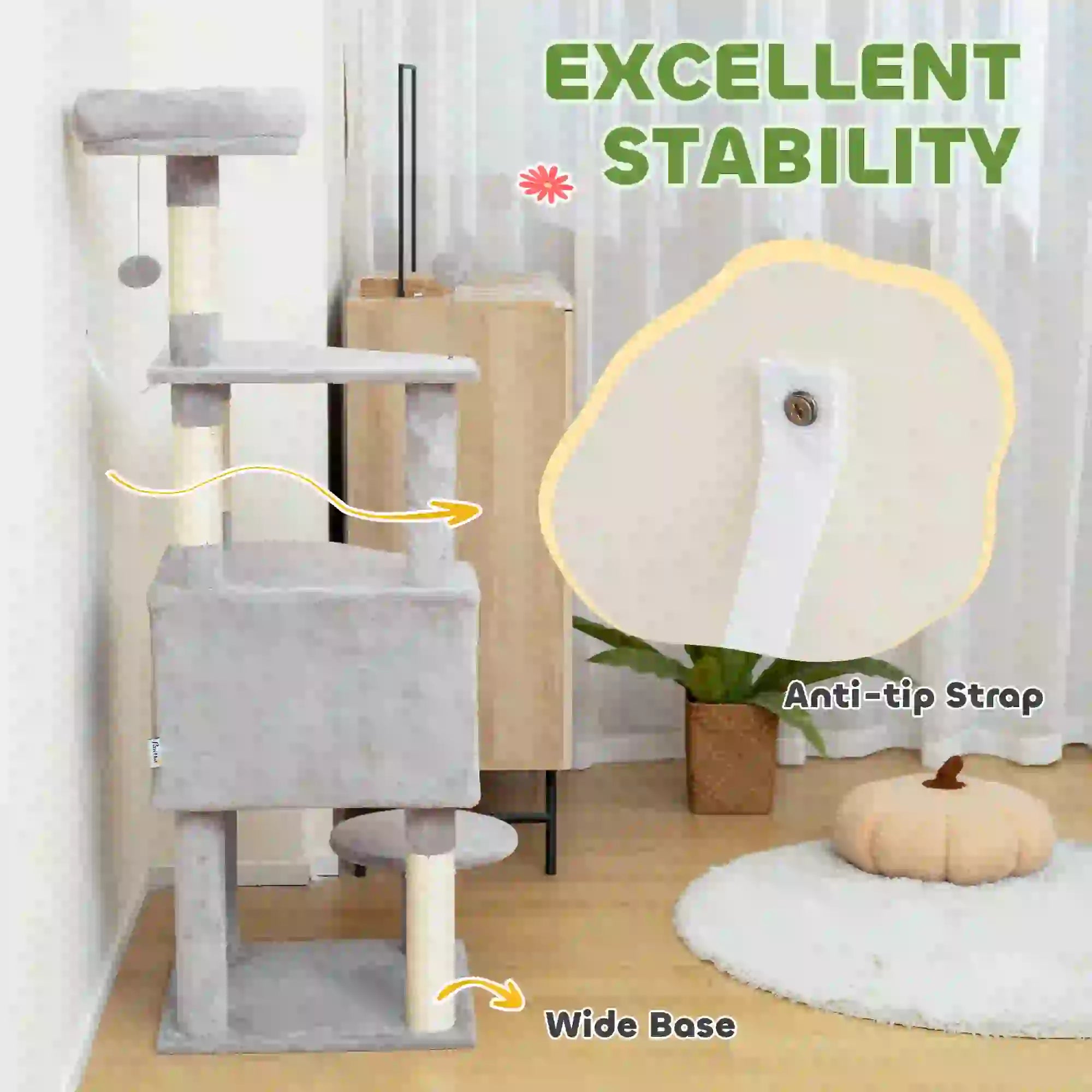 54 Inch Cat Tree, Large Condo, Top Perch, Sisal Posts, Dangling Toy, Light Grey Cat Trees at Gallery Canada