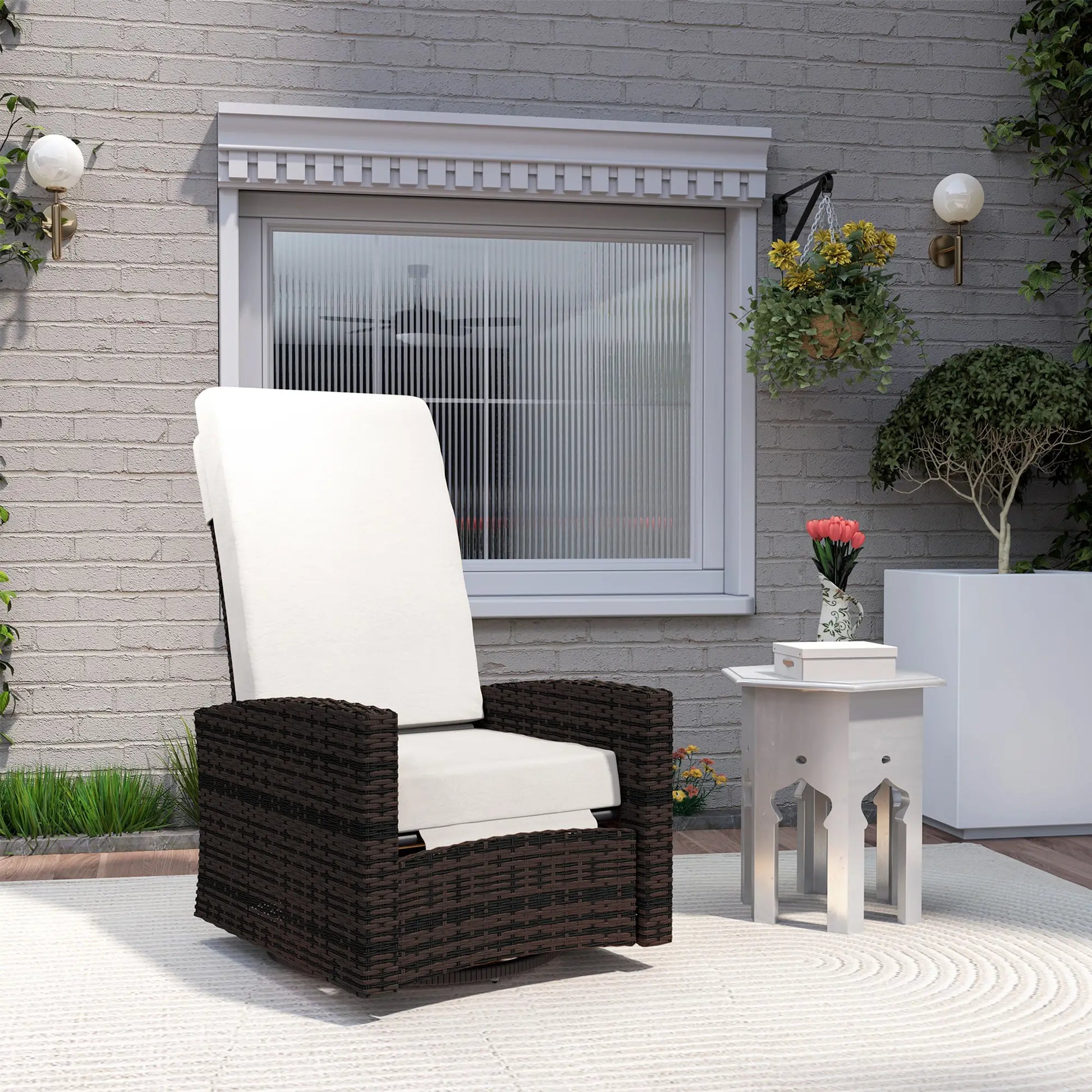 Outdoor Rattan Wicker Lounge Chair with Footrest, Soft Cushion, Khaki Patio Chairs at Gallery Canada