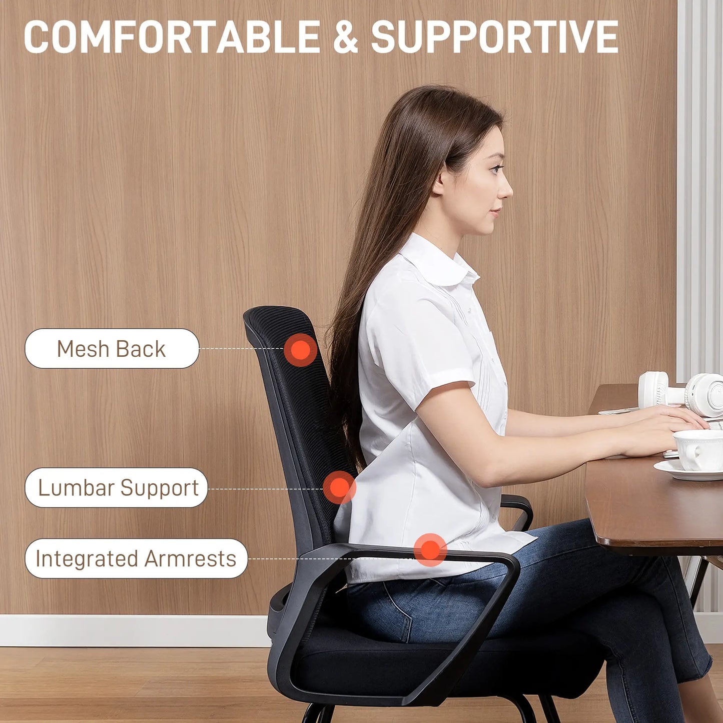 Waiting Room Chair, Desk Chair No Wheels, Mesh Back, Lumbar Support, Metal Base Task Chairs at Gallery Canada