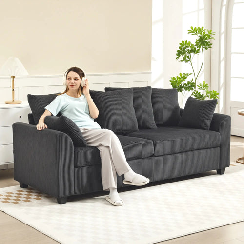 Corduroy Couch, 3 Seater Sofa, Modern Upholstered with Curved Armrests, 8 Removable Pillows, Dark Grey