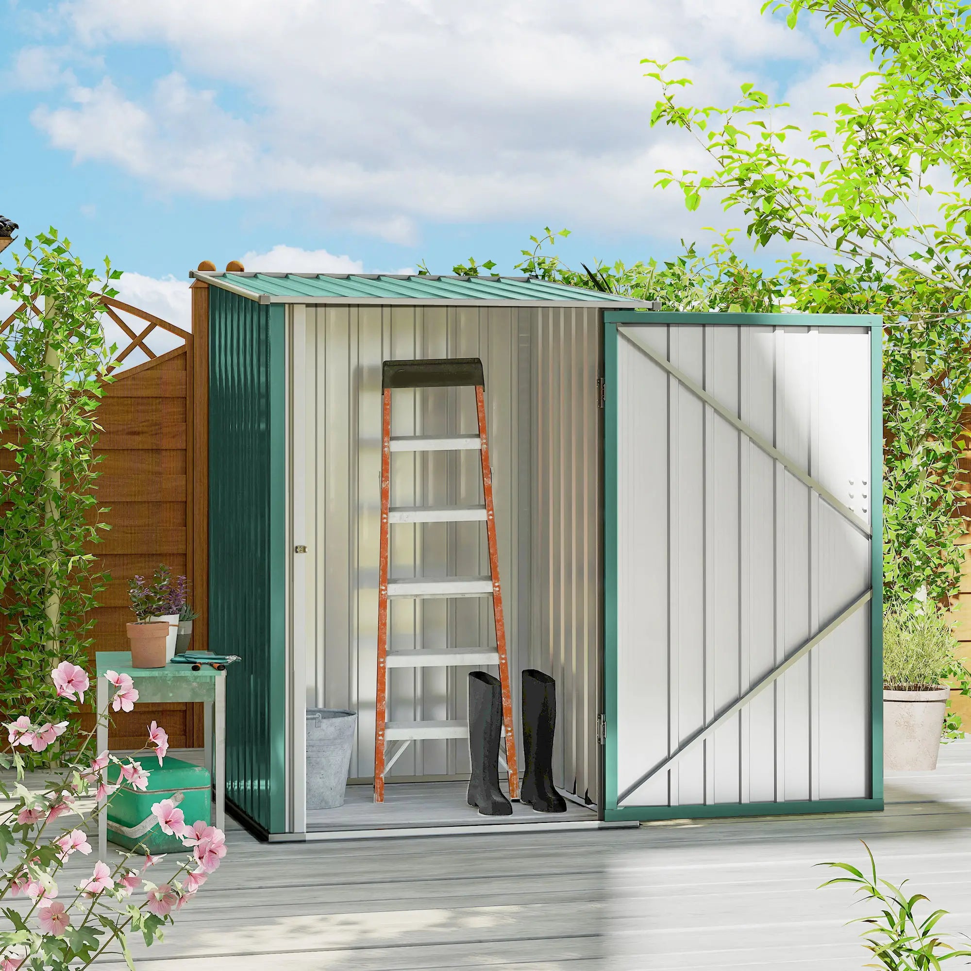 3.3' x 3.4' Lean-To Garden Shed, Galvanized Steel, Lockable Door, Green Sheds at Gallery Canada
