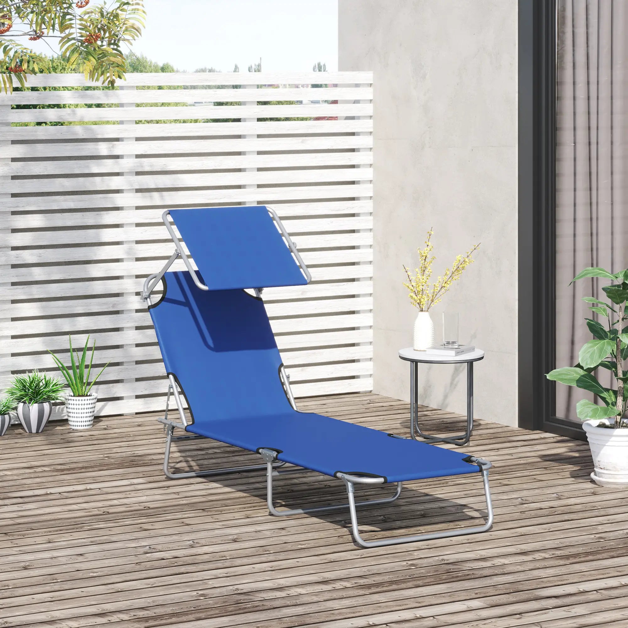 Outdoor Lounge Chair, Adjustable Folding Chaise, Tanning Chair with Shade, Blue Lounger Chairs at Gallery Canada