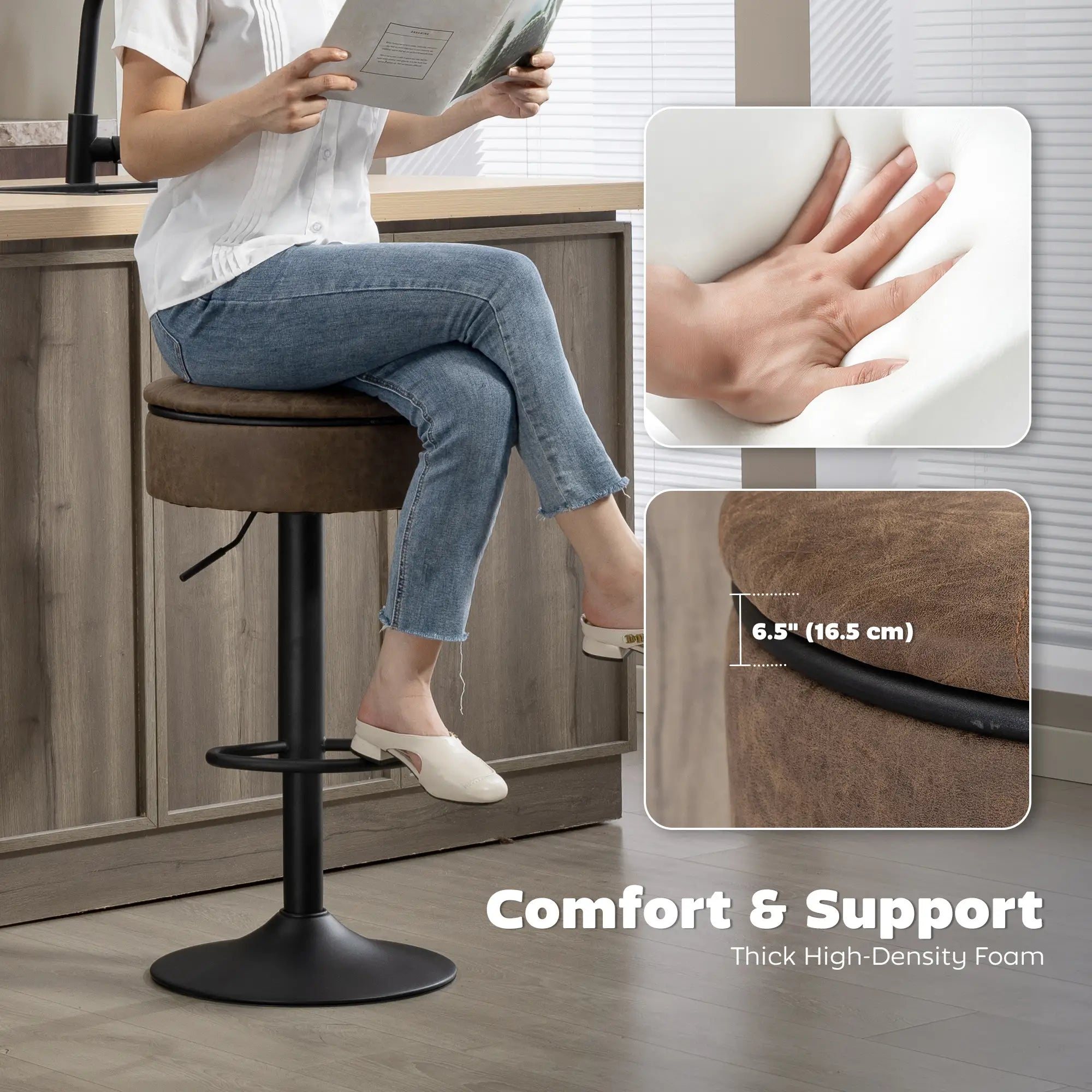Set of 2 Barstools with Storage, Swivel, PU Leather, Footrest, Steel Base, Brown Bar Stools at Gallery Canada