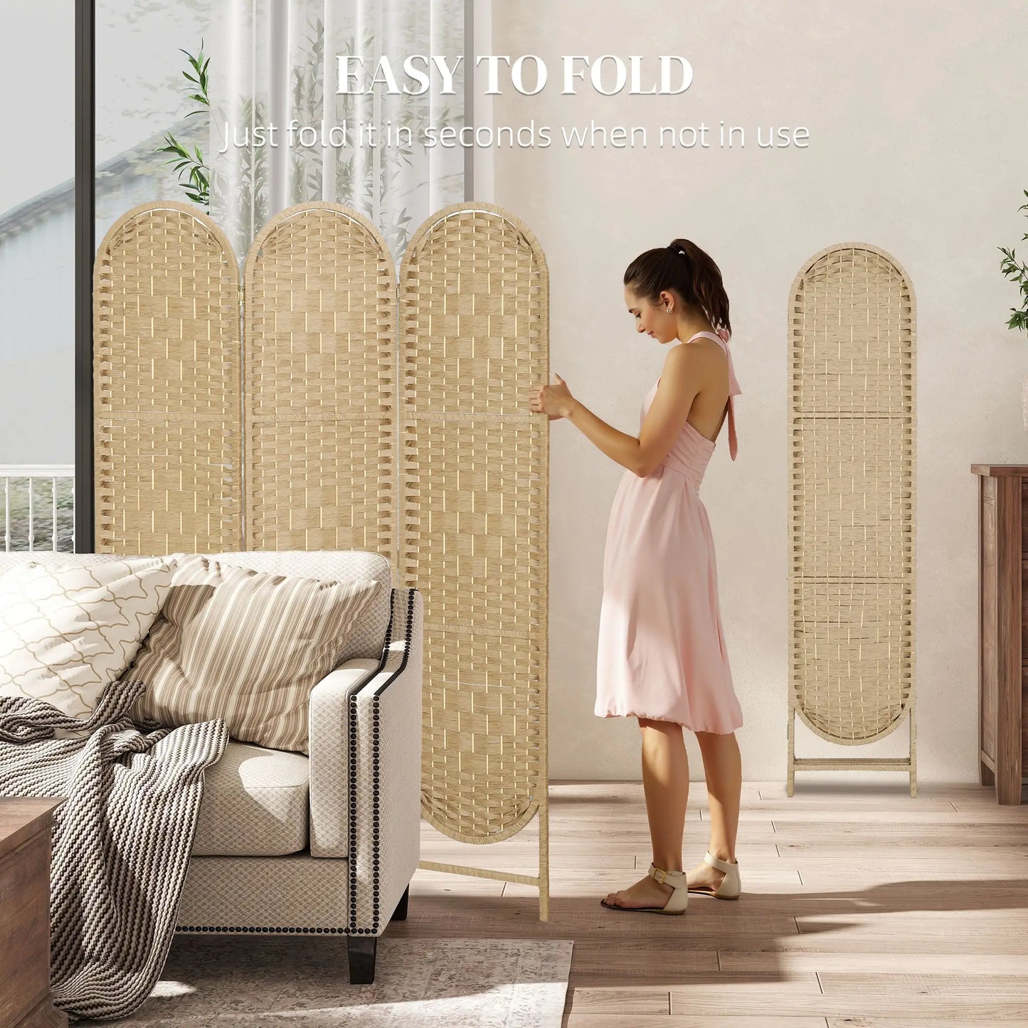 3 Panel Bohemian Privacy Screen, Arched Top Room Divider, Natural Wood