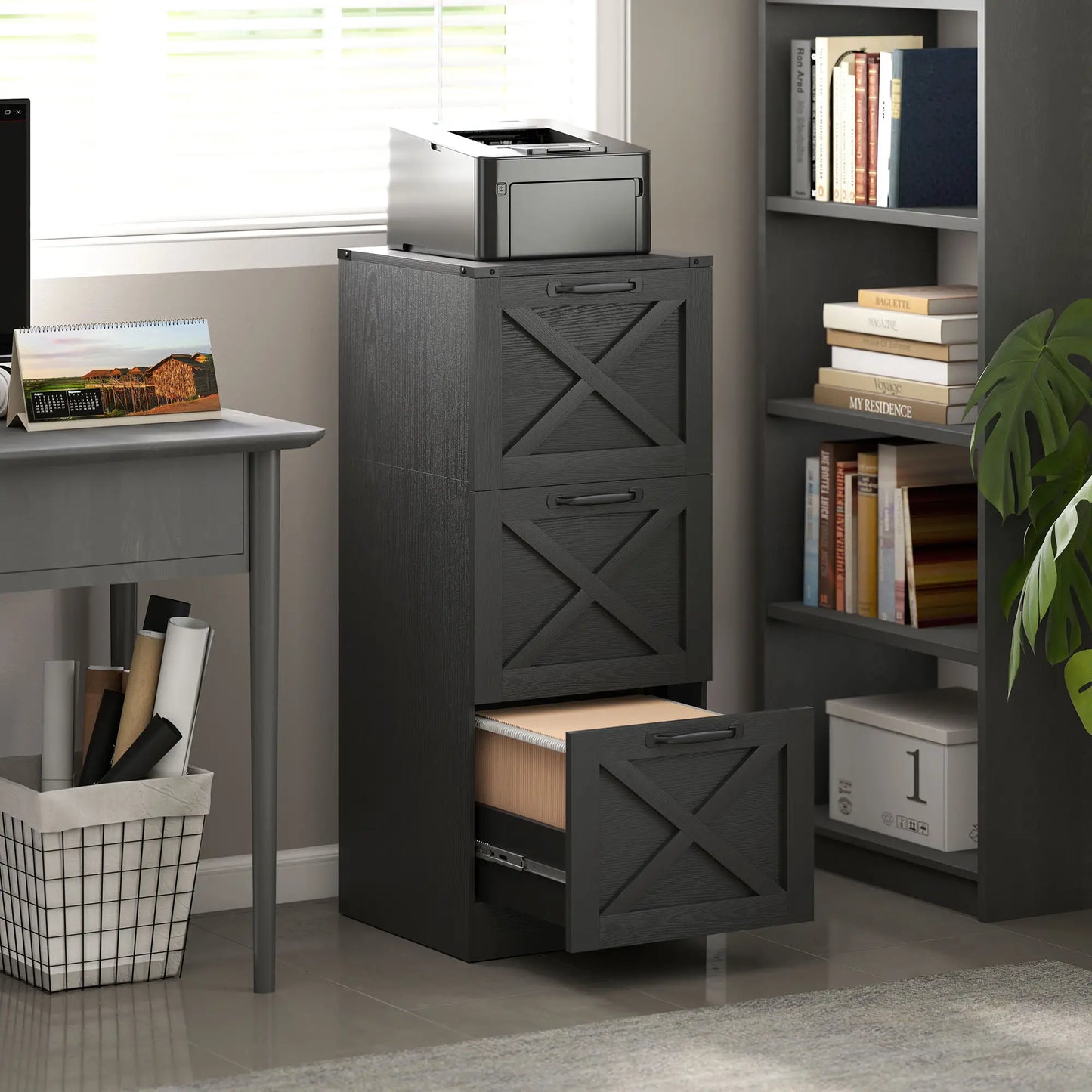 3 Drawer File Cabinet, Vertical Farmhouse, Letter/A4 Size, Black