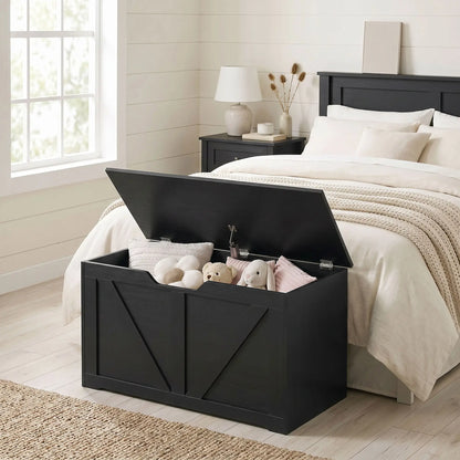 31.5 Inch Storage Chest Trunk with Safety Hinge, Black Wood Grain, Black Storage Ottomans & Benches at Gallery Canada