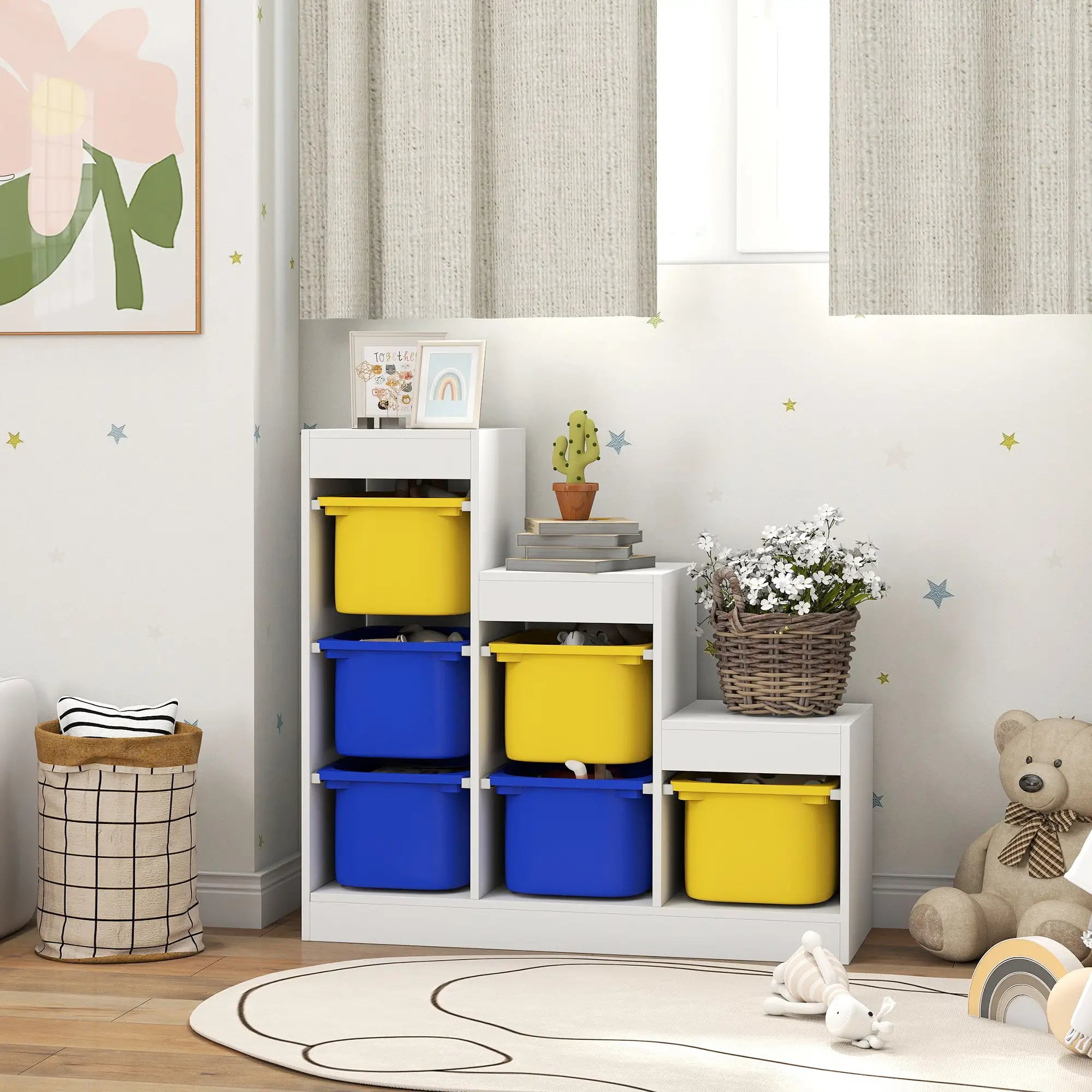 3 Layer Toy Storage Organizer Kids Bookshelf, 6 Plastic Bins, Yellow, Blue Baby & Kids Storage at Gallery Canada